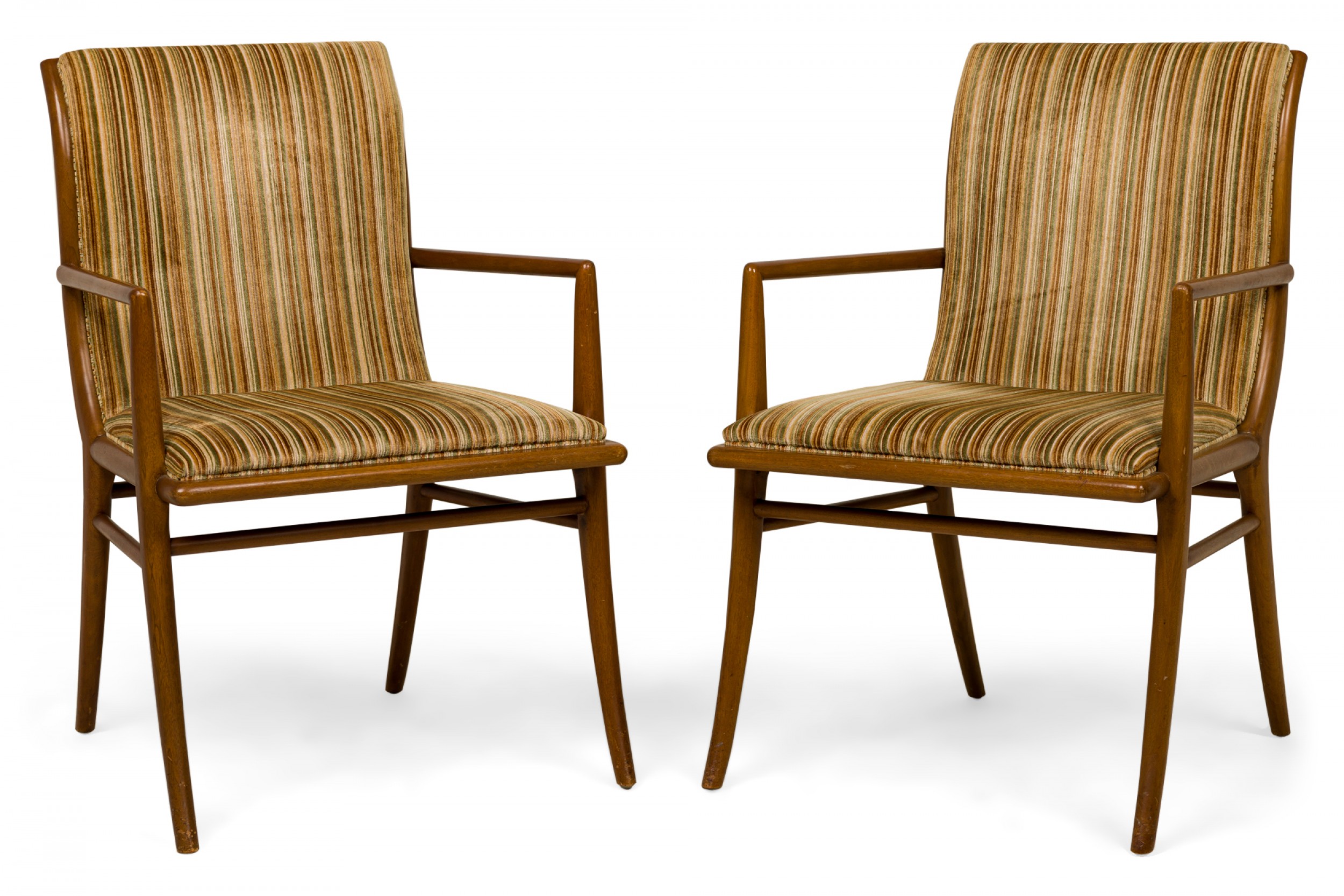 Pair of th robsjohn gibbings for widdicomb mid century striped upholstered walnut dining armchairs