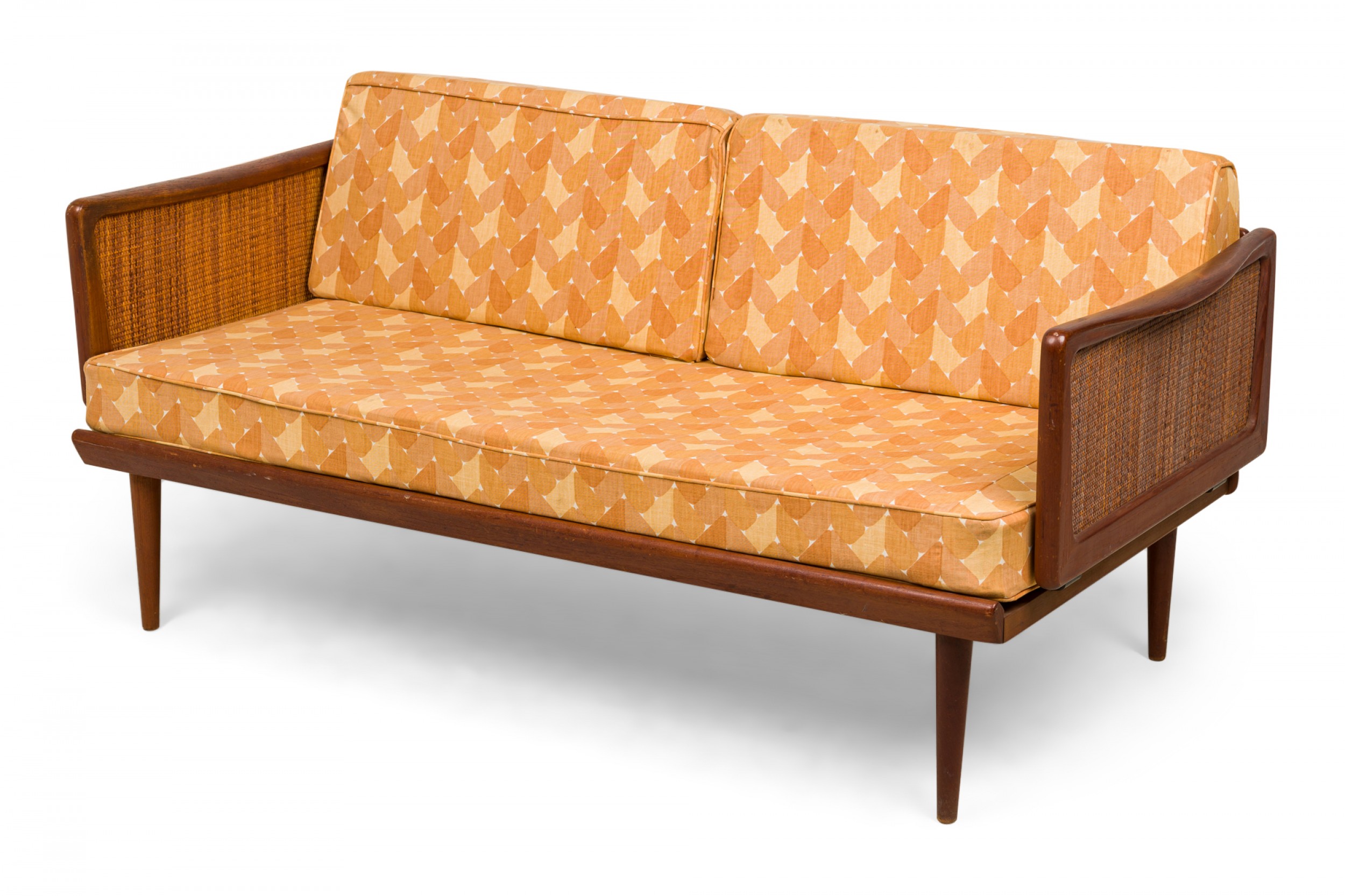 Peter hvidt danish mid century wooden frame caned gold patterned upholstered sleeper settee