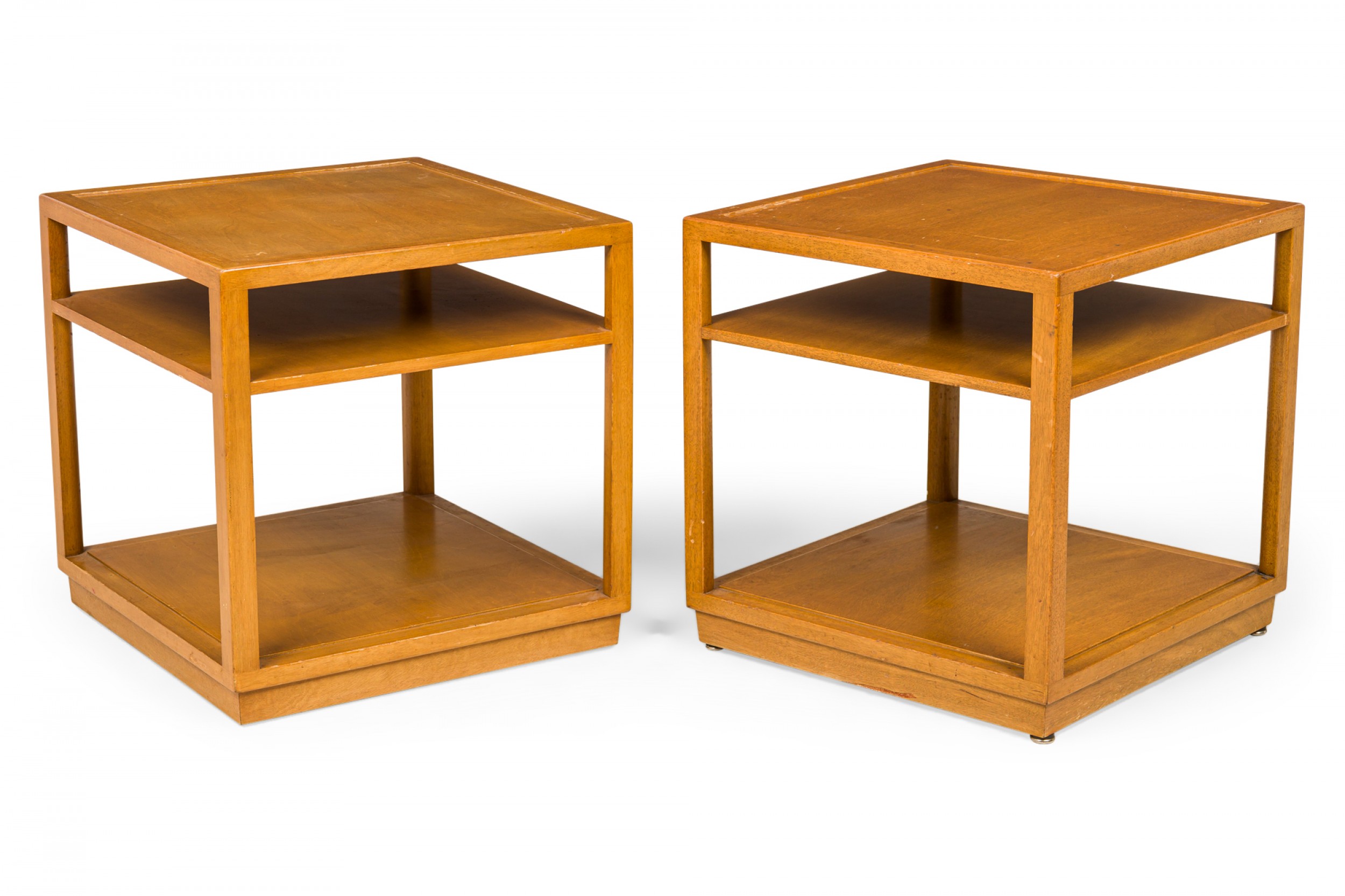 Pair of edward wormley for dunbar american mid century square wooden double shelf end side table