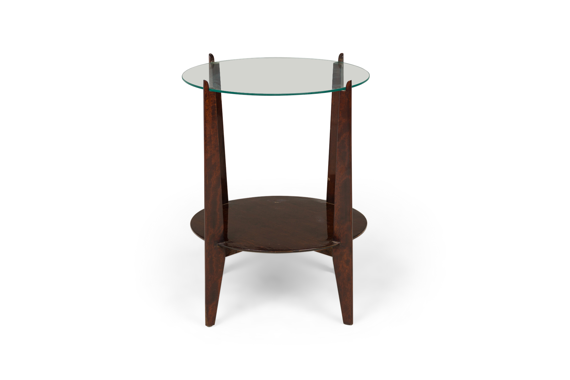 American art deco circular glass top lacquered mahogany end side table