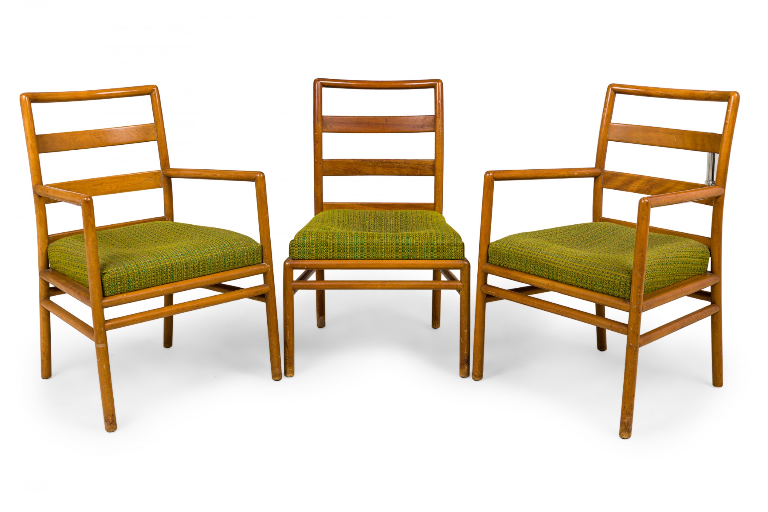 Set of 3 th robsjohn gibbings for widdicomb mid century ladder back green seat dining chairs
