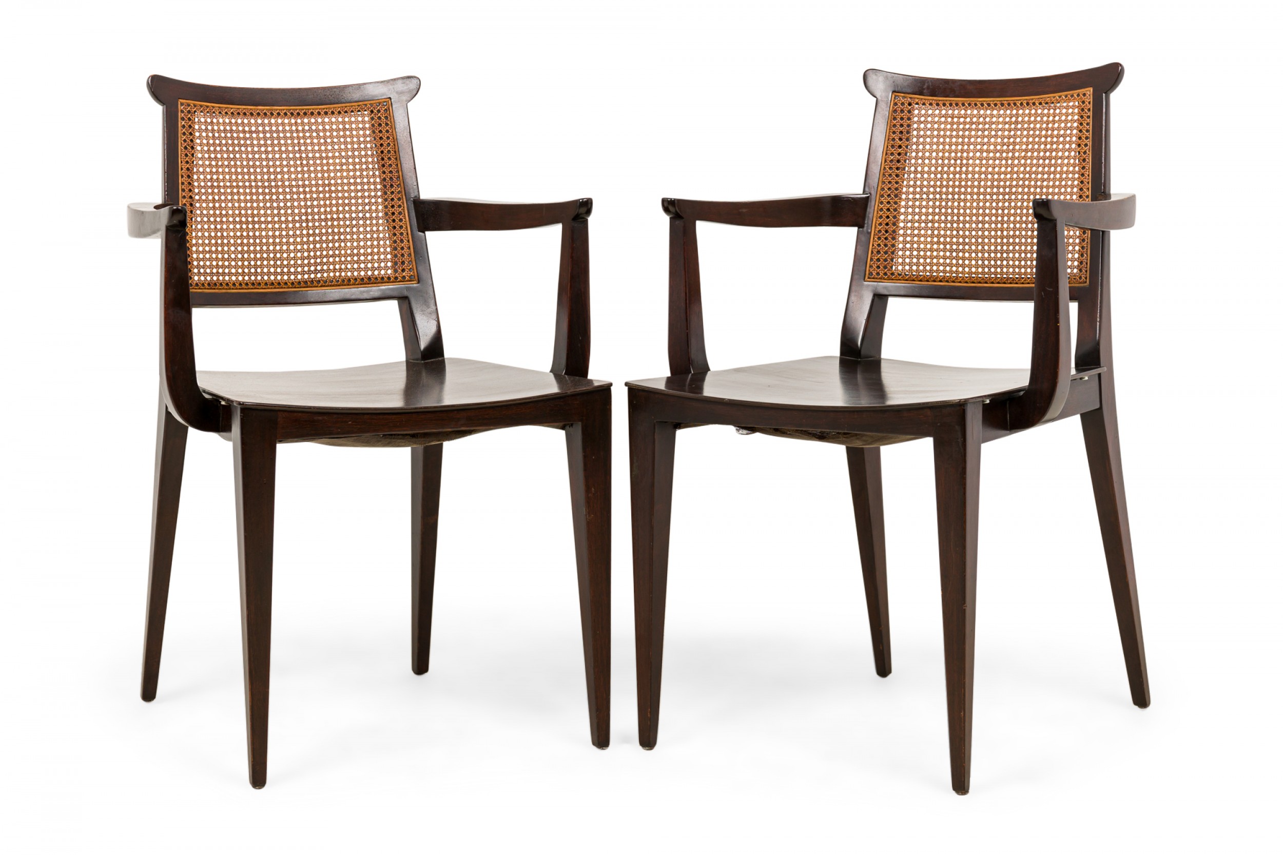 Set of 2 edward wormley for dunbar mid century caned back wooden dining armchairs