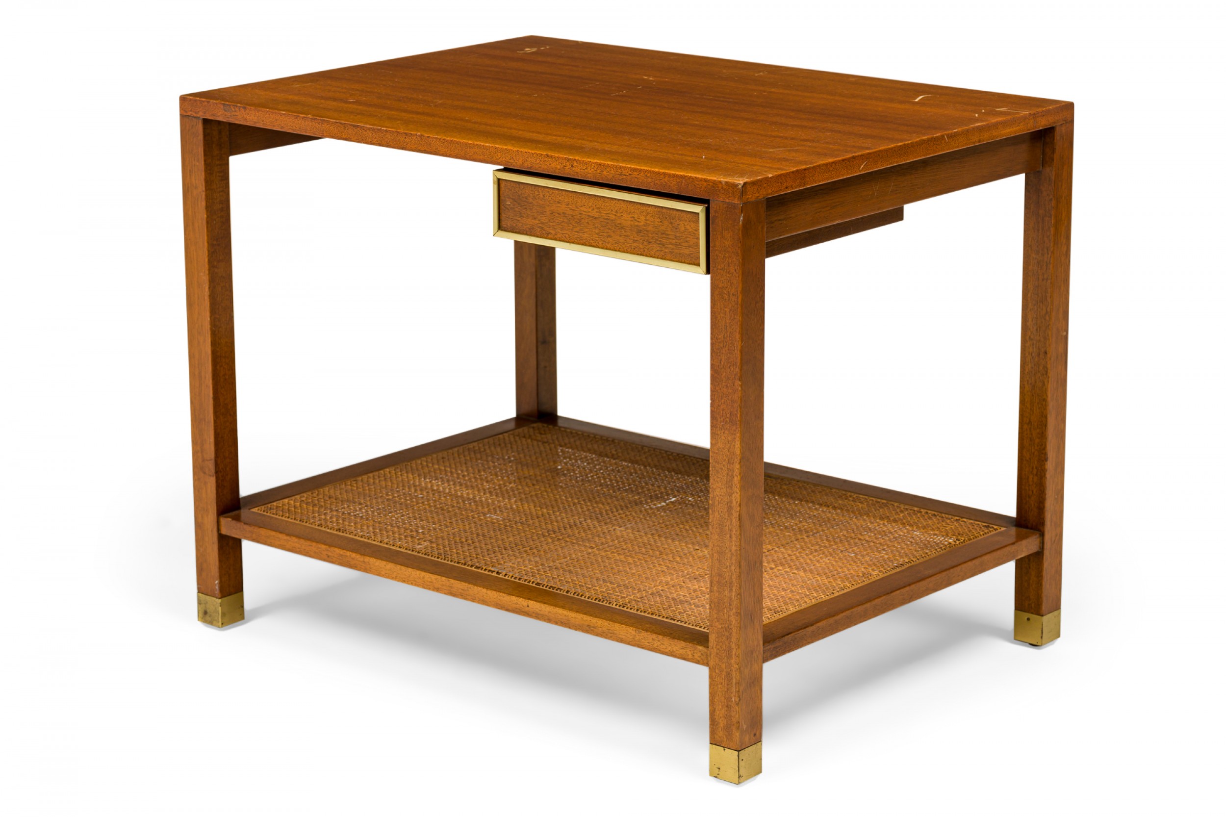 Harvey probber american mid century parsons style wooden caned shelf end side table