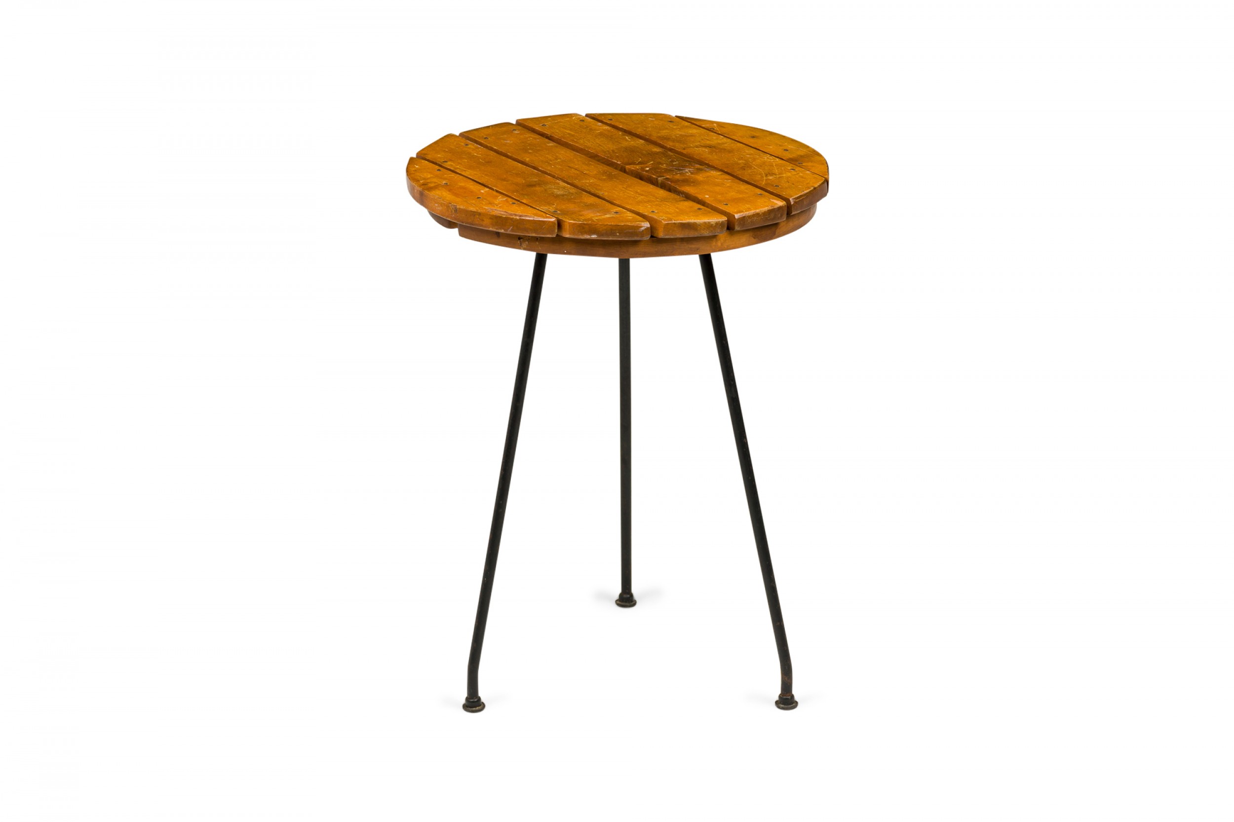Tony paul american mid century circular wooden slat top and iron leg end side table