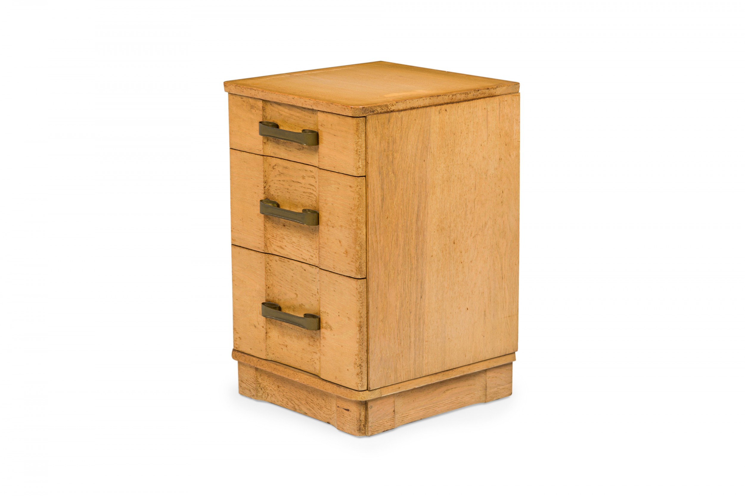 Morgan furniture american mid century light wooden three drawer brass scroll handled bedside table