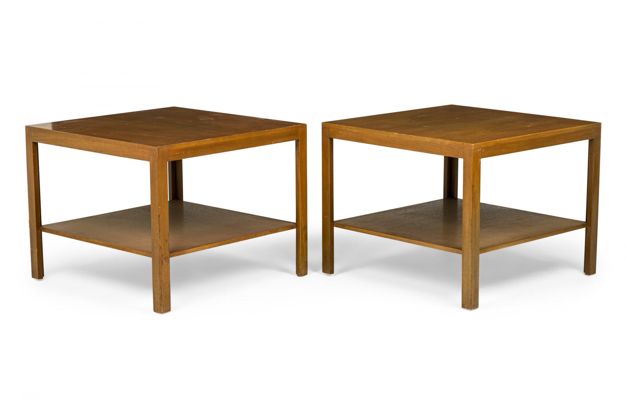 Pair of edward wormley for dunbar american mid century square wooden two tier end side tables
