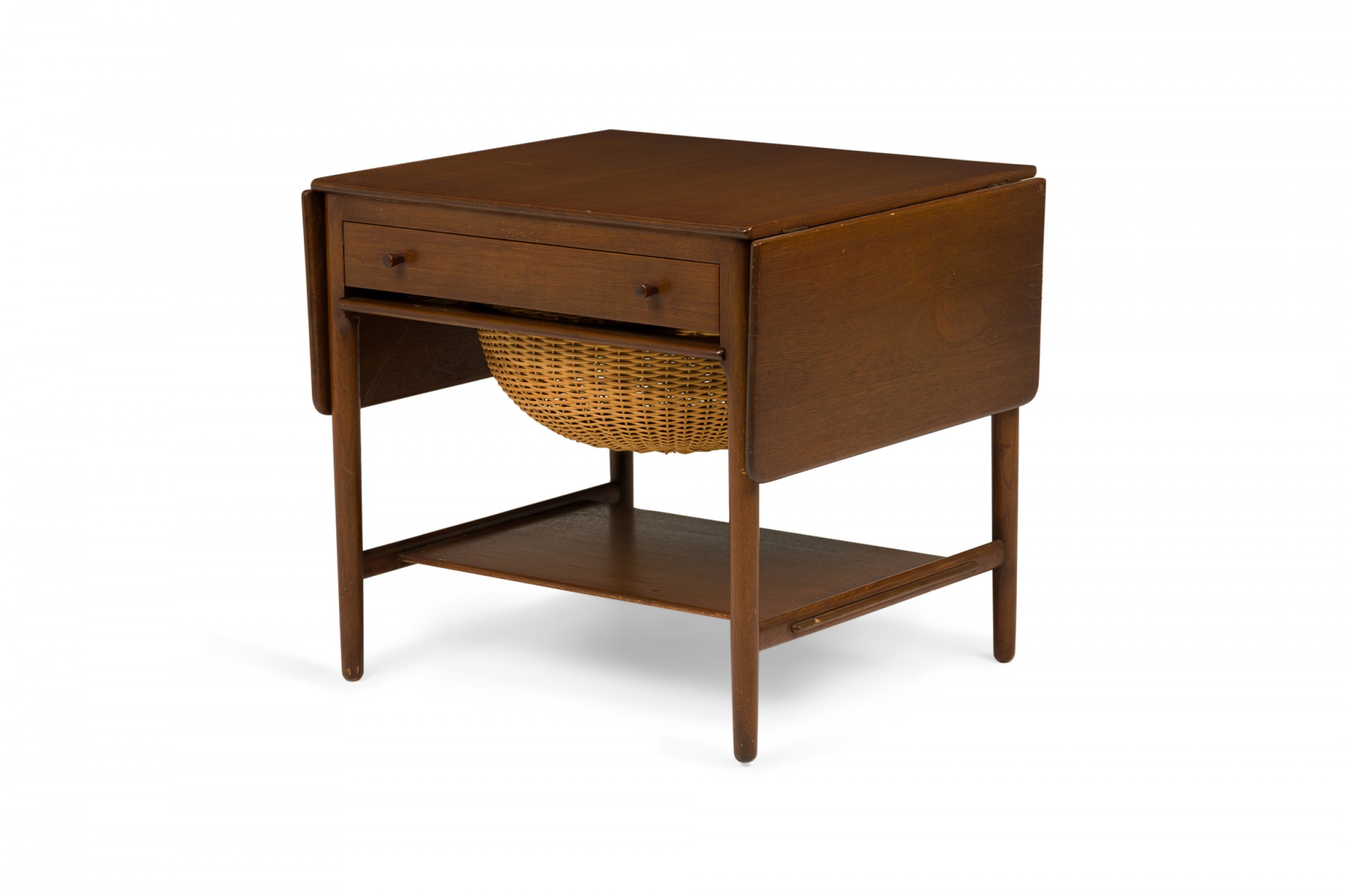 Hans wegner for andreas tuck mid century teak wood drop leaf woven basket sewing table