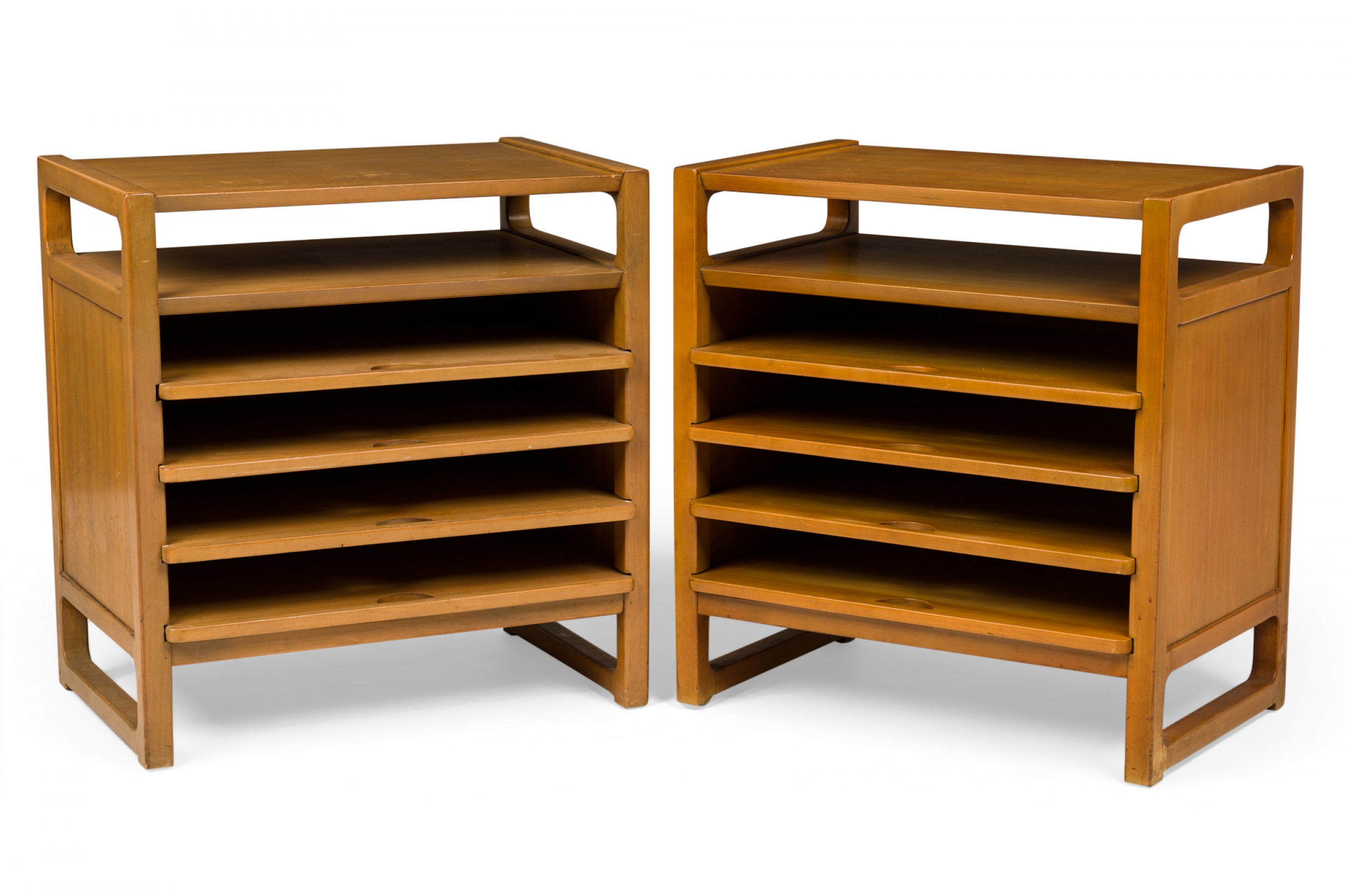 Pair of edward wormley for drexel american mid century blond wood magazine tables