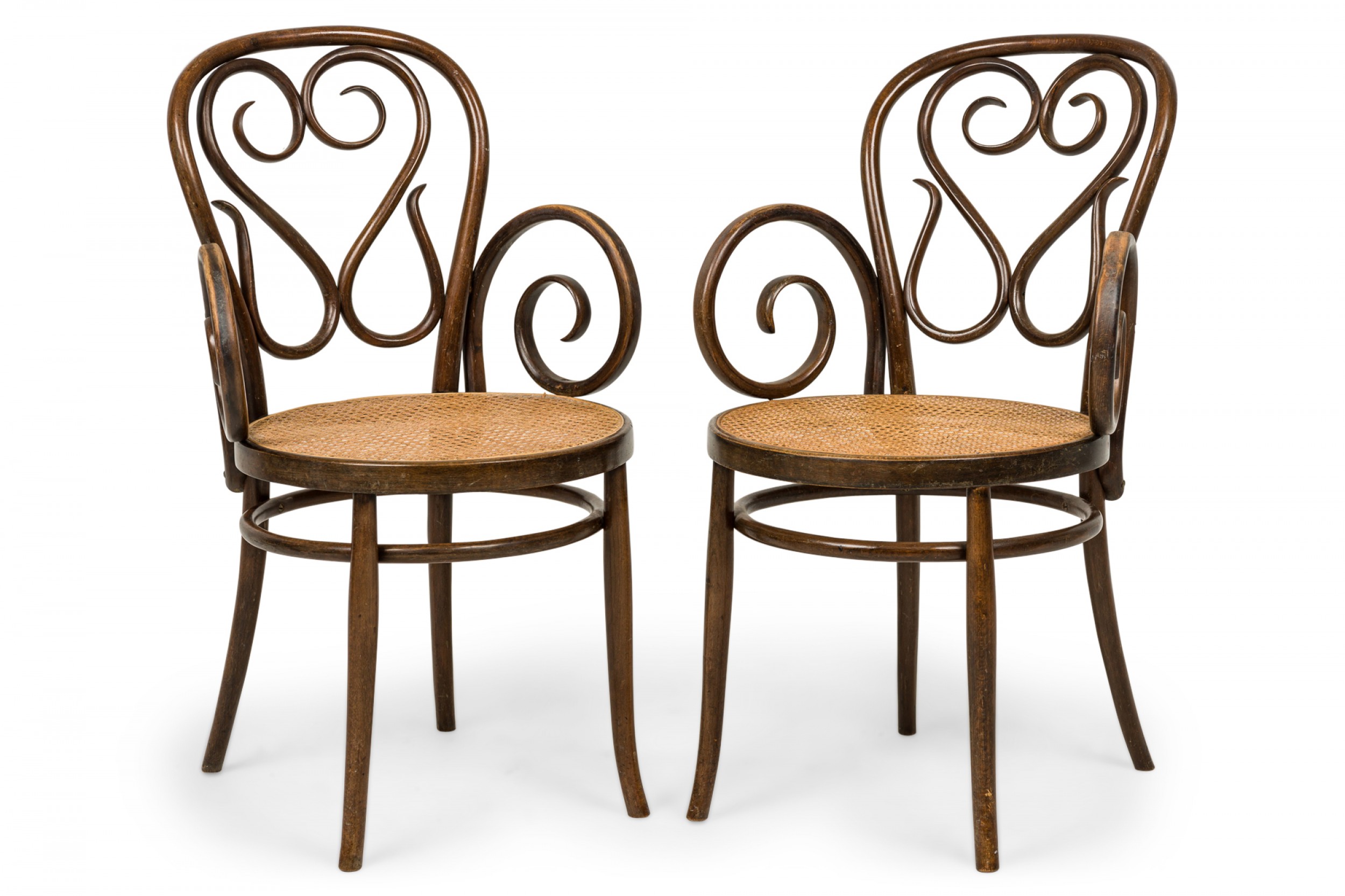 Pair of italian mid century bentwood and caning scroll design arm chairs