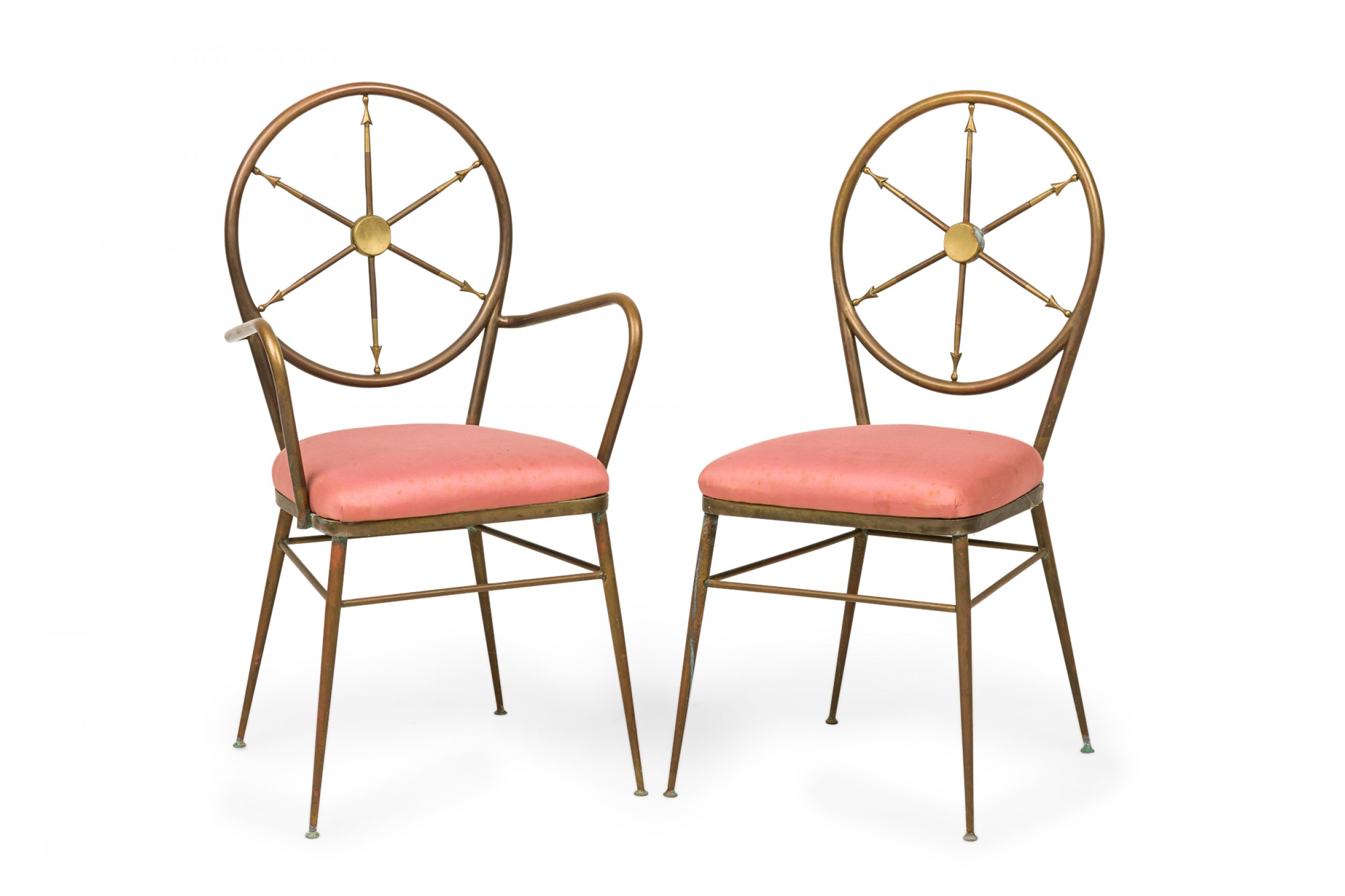 Set of 4 gio ponti italian mid century ships wheel brass frame rose pink upholstered chair set