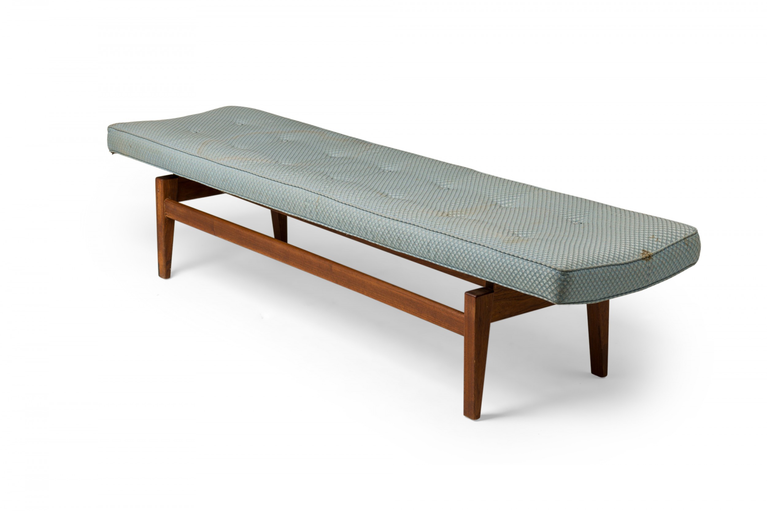 Jens risom danish mid century light gray tufted upholstery and teak floating bench