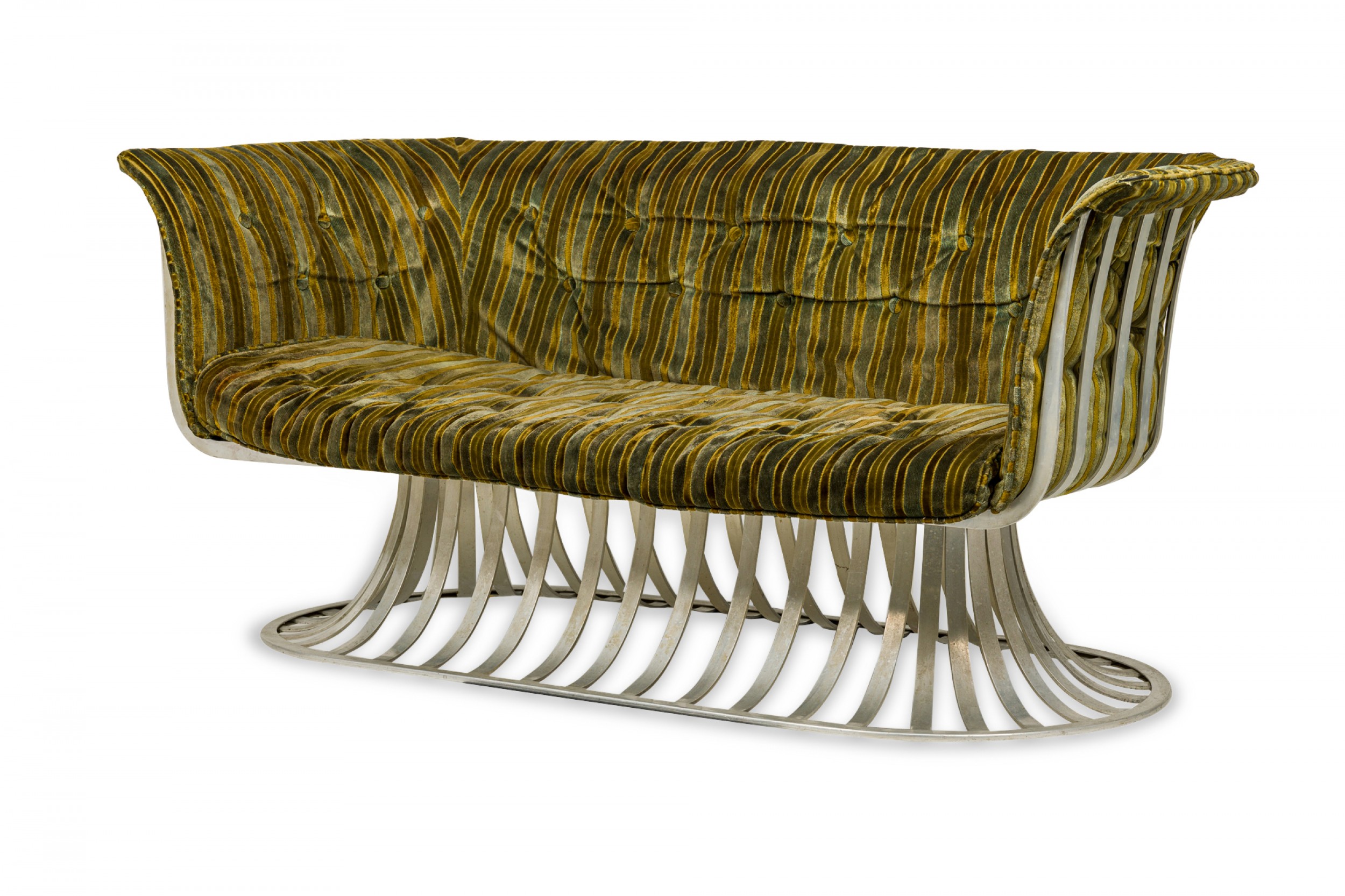 Herbert saiger for lee l woodard sons mid century aluminum and green upholstered tulip base settee