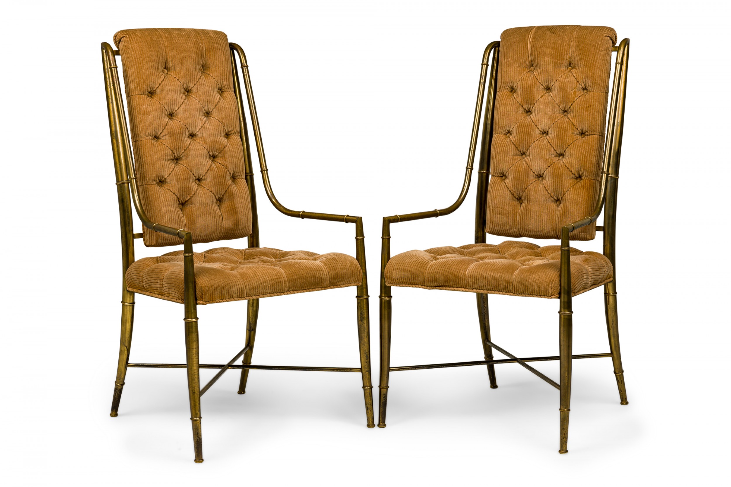 Pair of weimanwarren lloyd for mastercraft hollywood regency imperial brass and corduroy armchairs