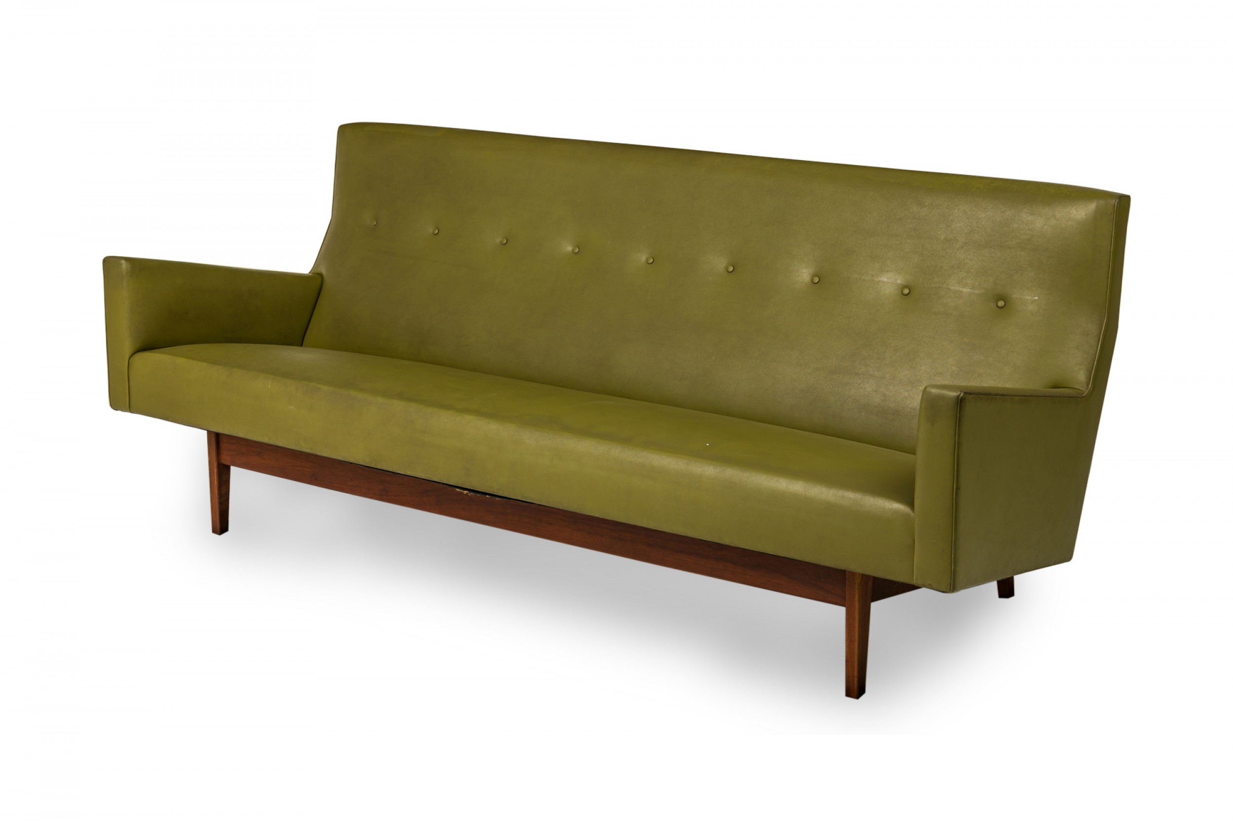 Jens risom danish mid century avocado green vinyl and teak upholstered sofa