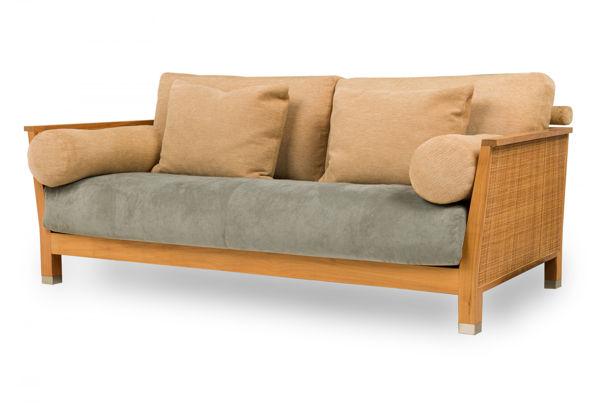 Flexform italian mid century wooden caned side textured fabric and suede upholstered settee