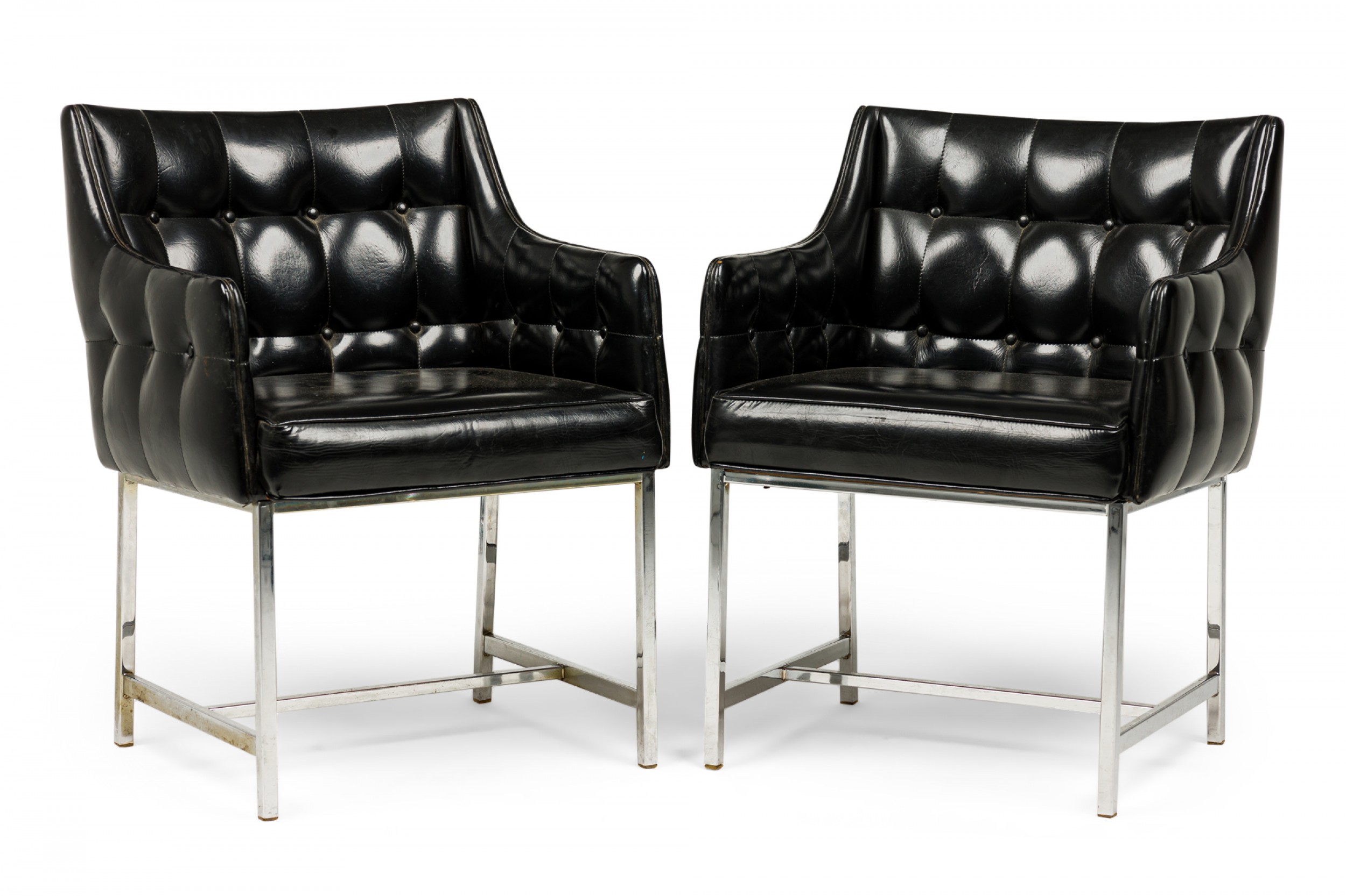 Set of 3 carson american mid century button tufted black vinyl and chrome armchairs
