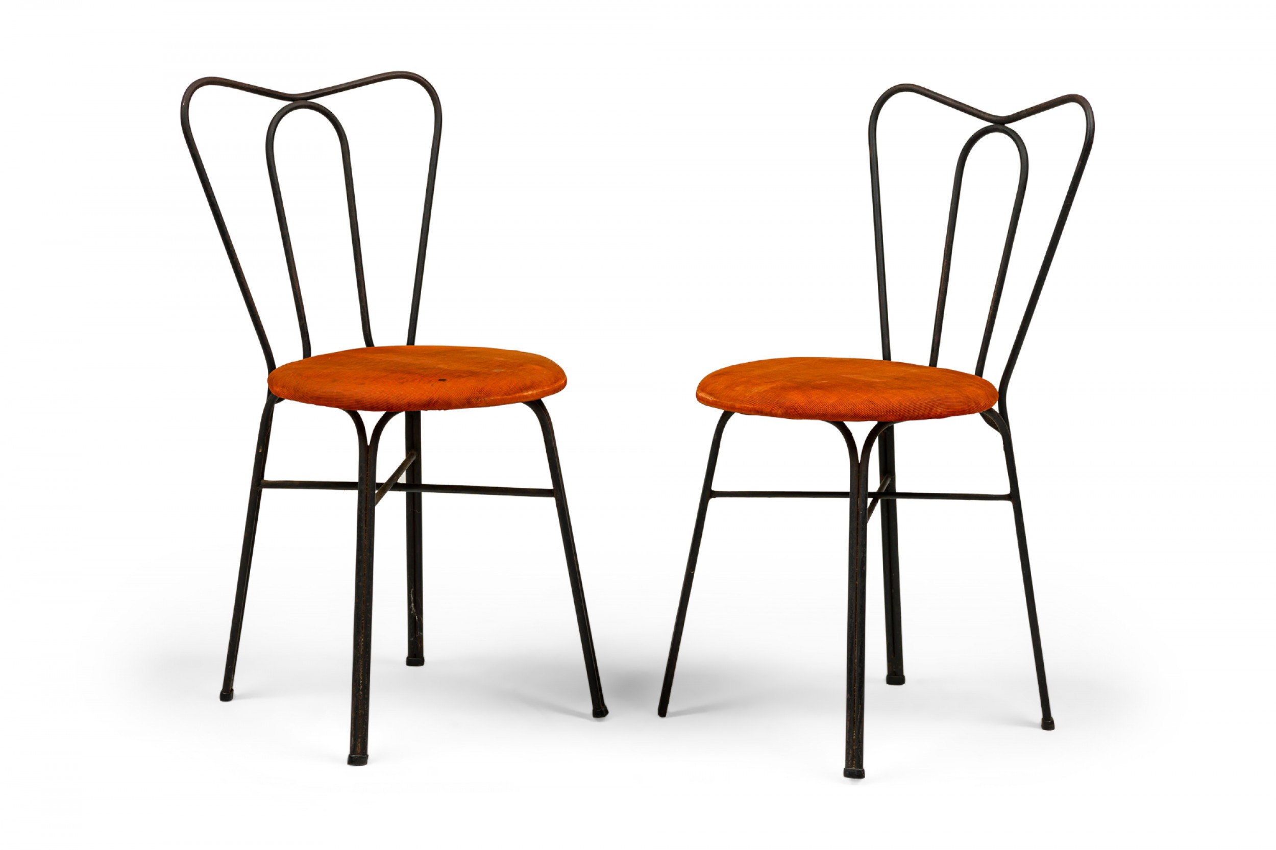 Pair of tony paul american mid century black iron and orange upholstery ice cream parlor side chairs