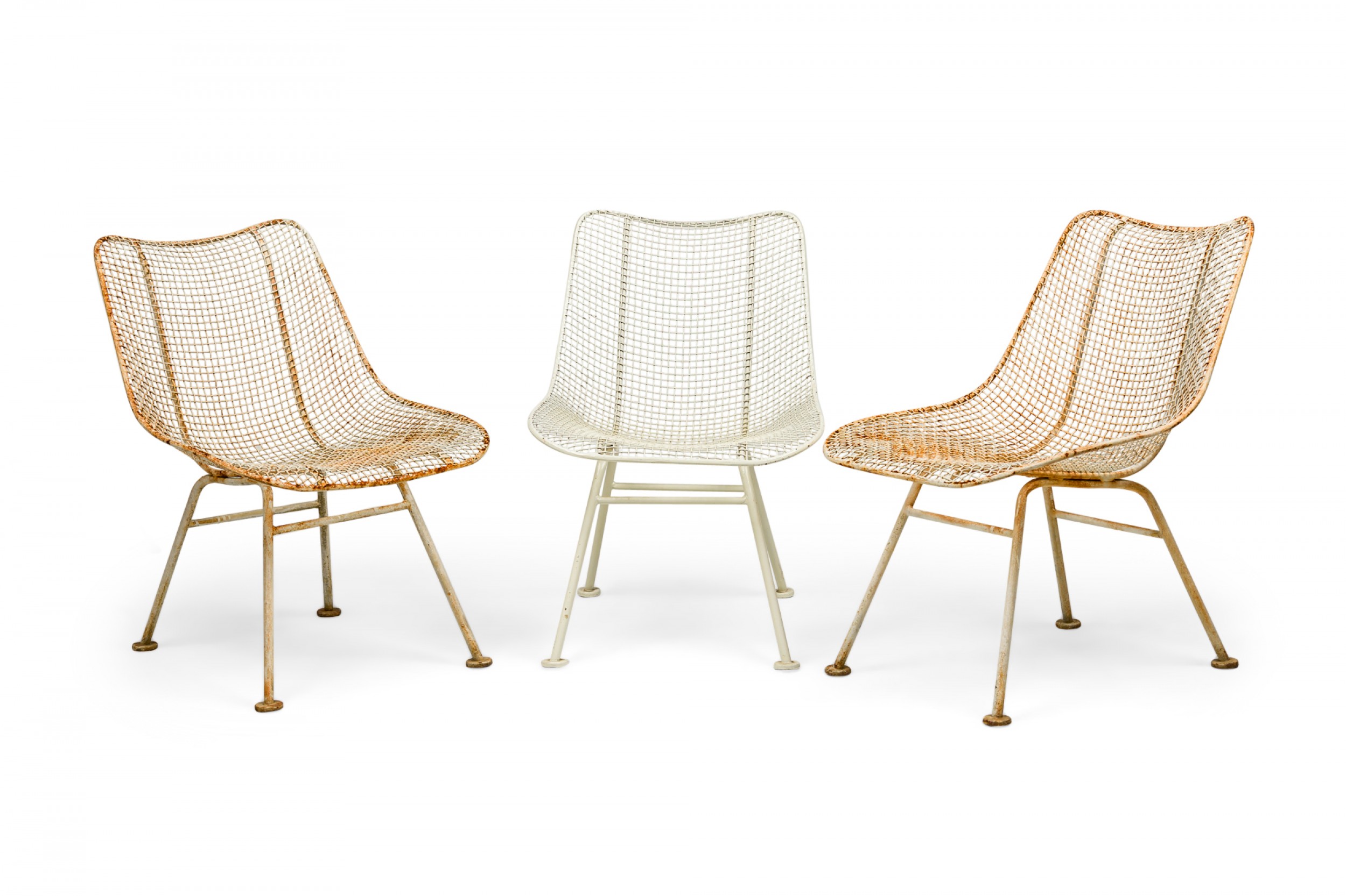 Set of 7 russell woodard mid century sculptura white wrought iron and steel mesh low dining chairs