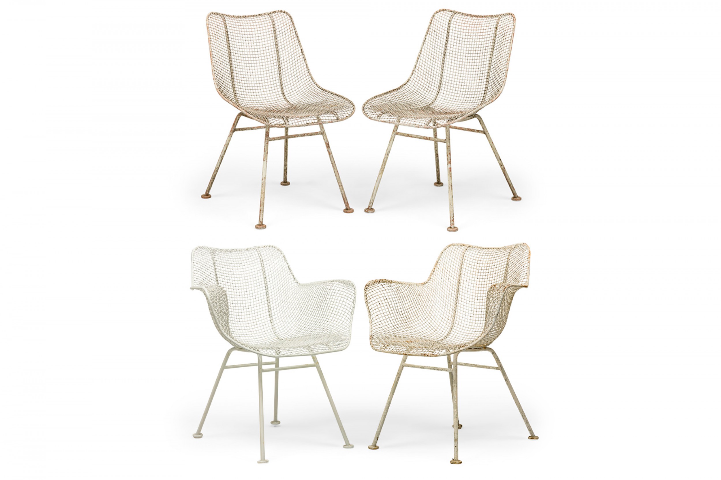 Set of 6 russell woodard mid century sculptura white metal dining chairs 2 with arms 4 sides