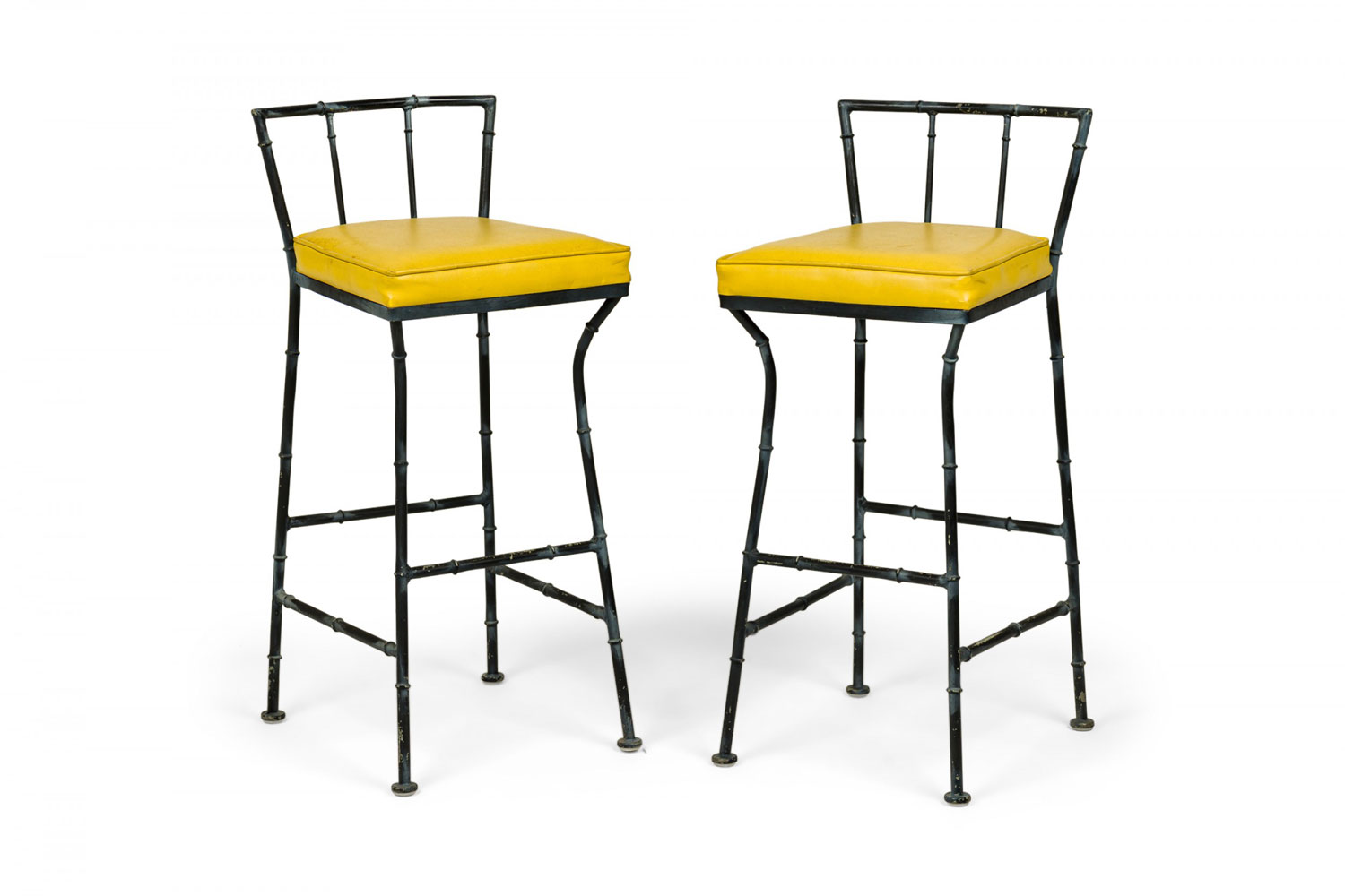 Set of 3 john salterini mid century italian faux bamboo frame bar stools with upholstered seats
