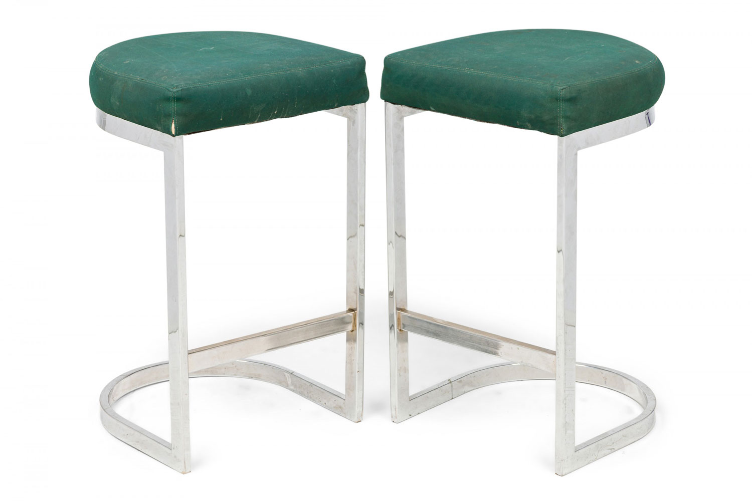 Pair of dillingham mid century american horseshoe cantilevered forest green and metal barstools