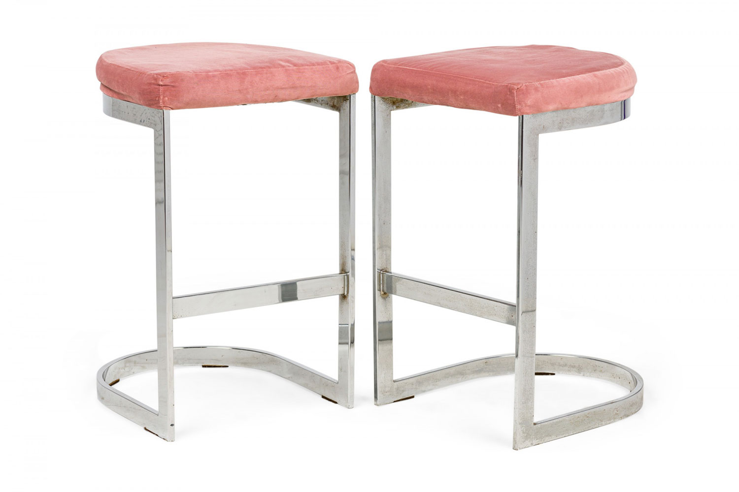 Pair of dillingham mid century american horseshoe cantilevered rose velour metal counter stools