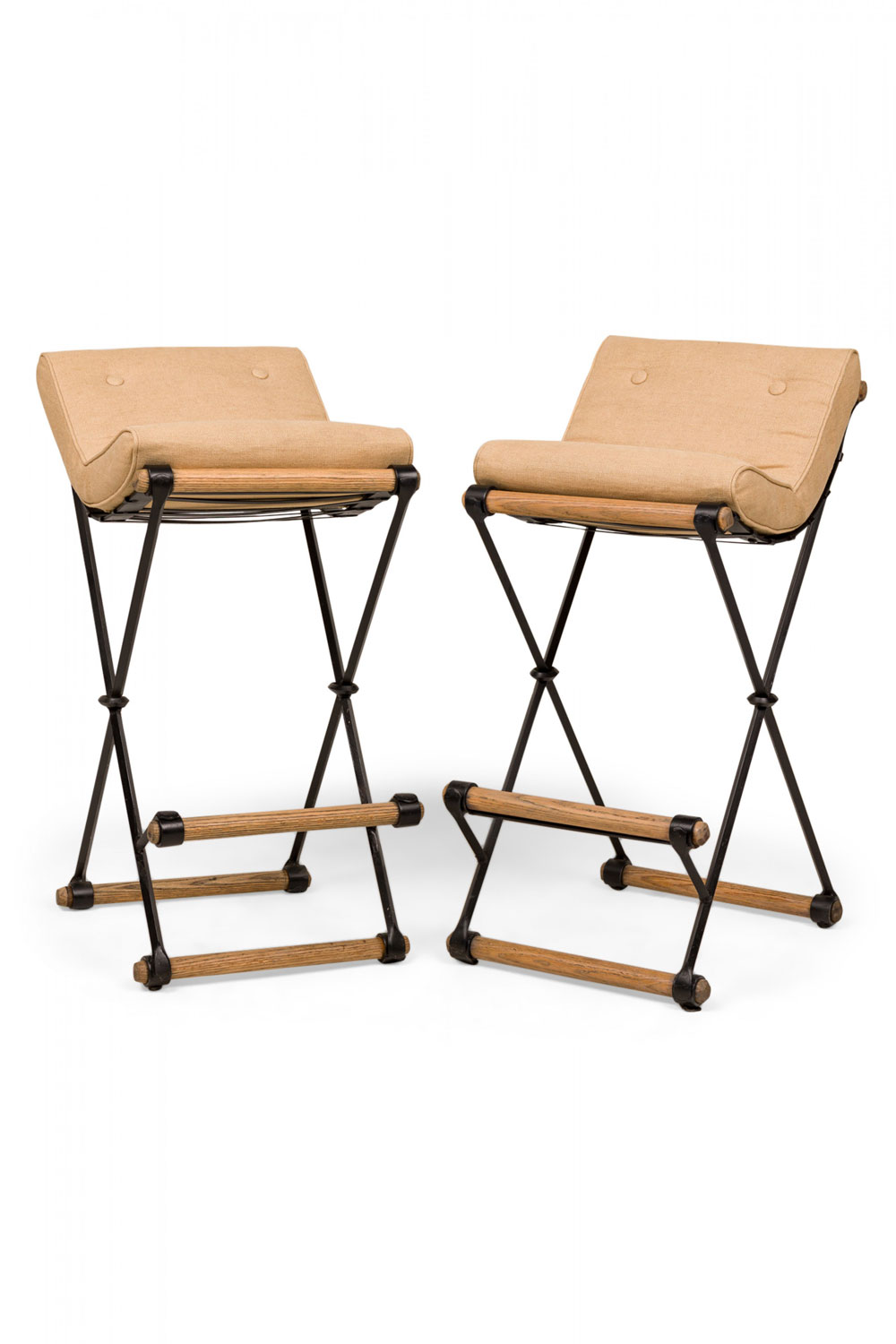 Pair of cleo baldon for terra of california mid century american x frame beige barstools 