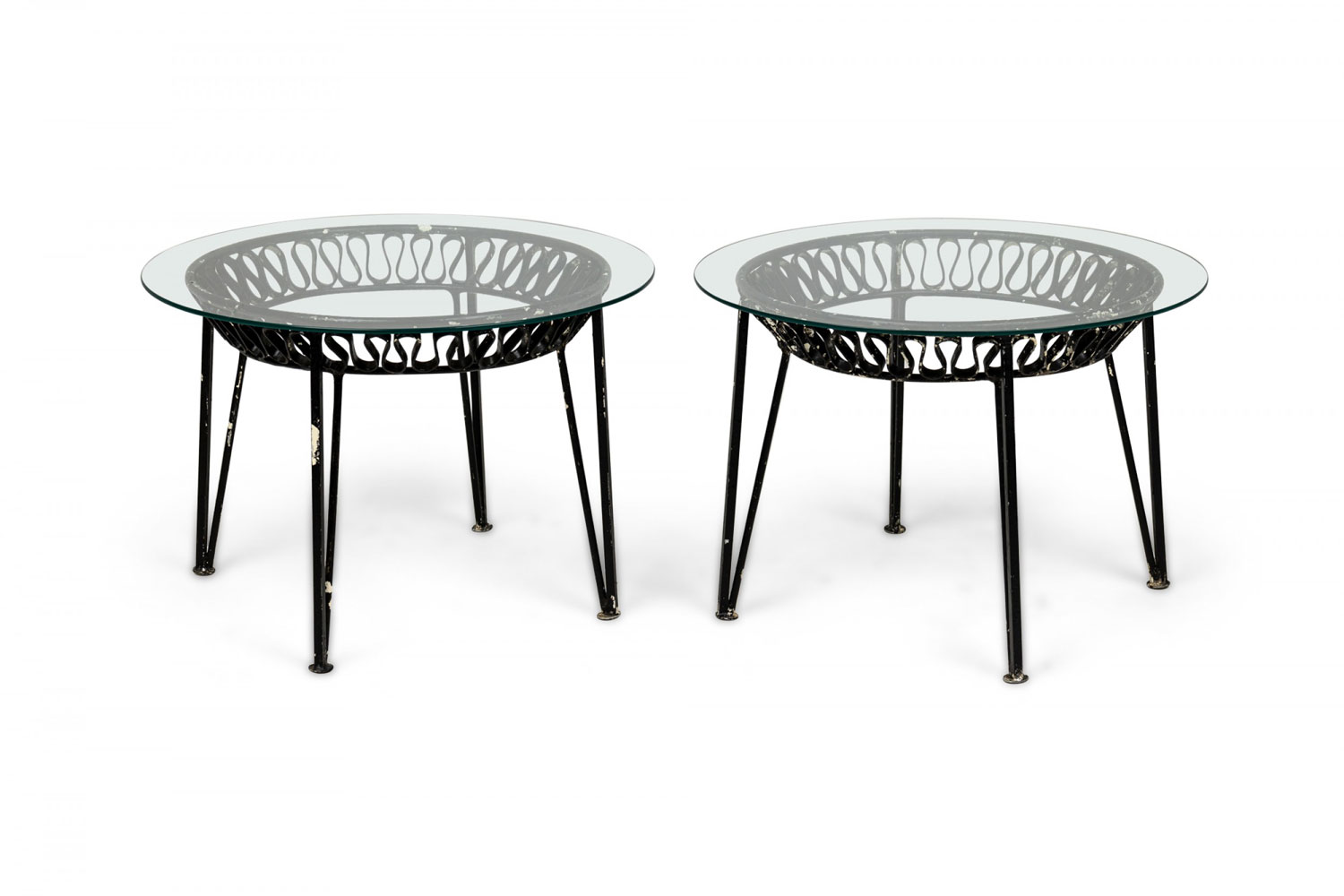 Pair of maurizio tempestini for salterini mid century circular metal ribbon occasional tables