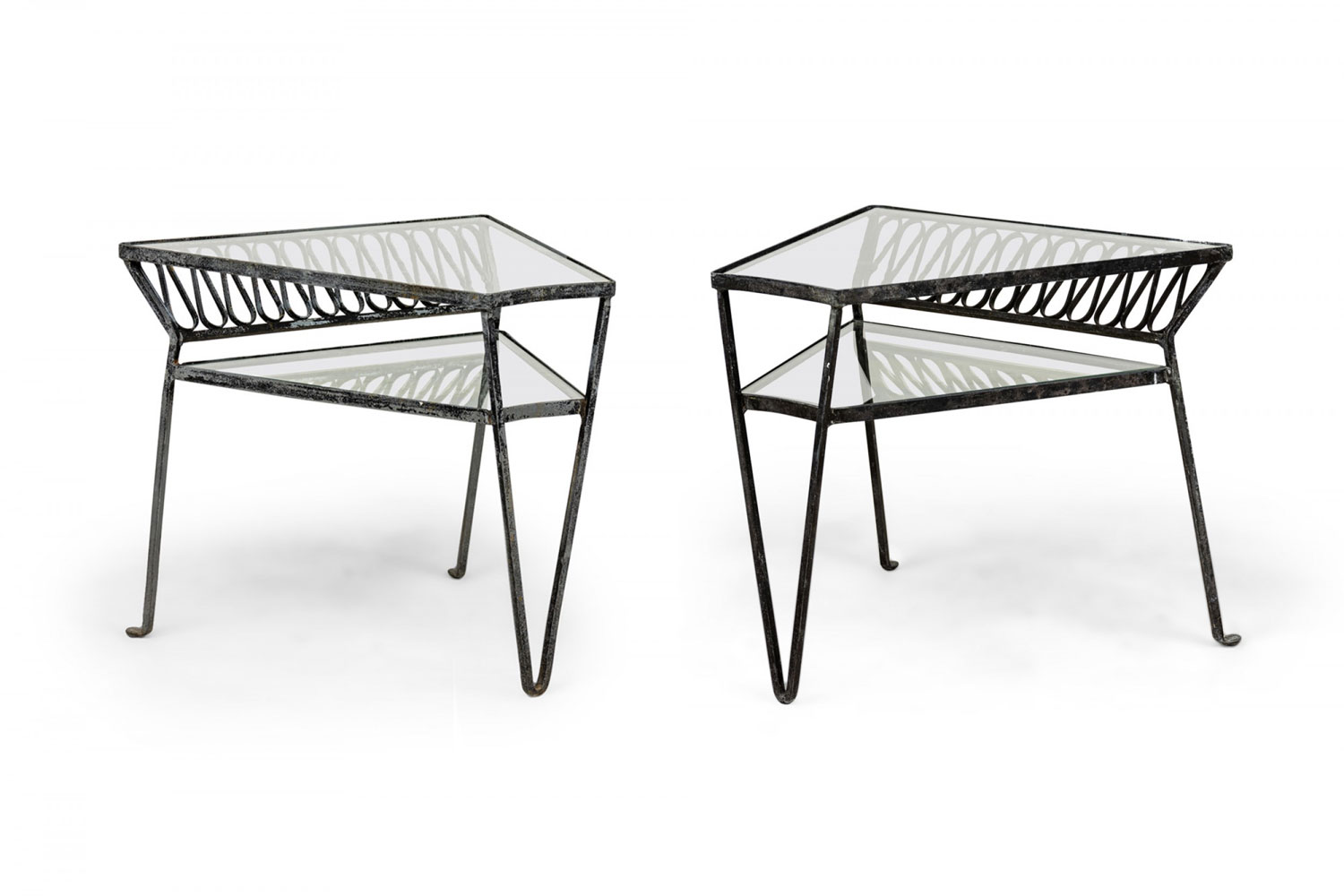 John salterini mid century 4 sided 2 tiered ribbon wedge table with glass top and shelf