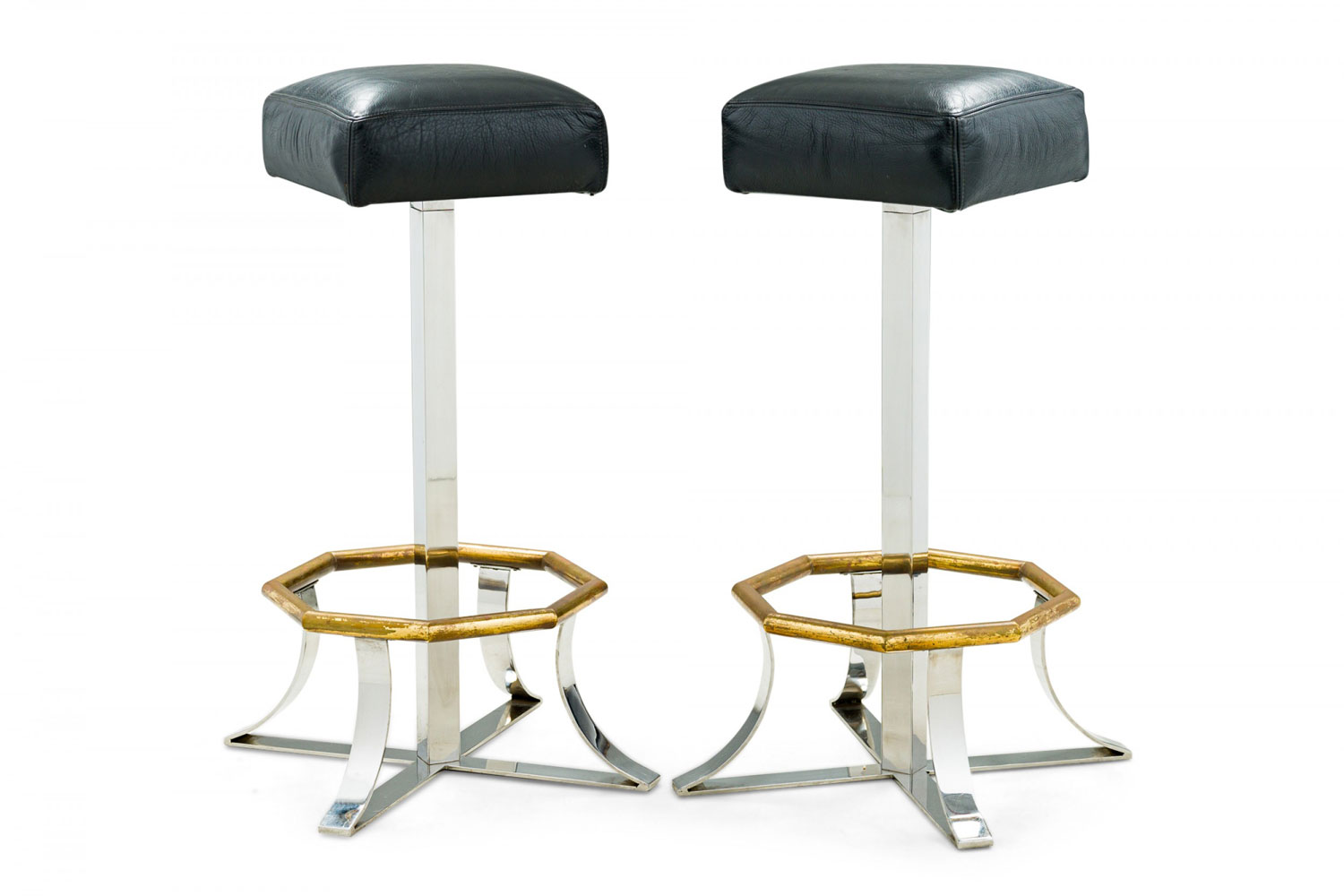 Pair of mid century american polished chrome brass and black leather barstools