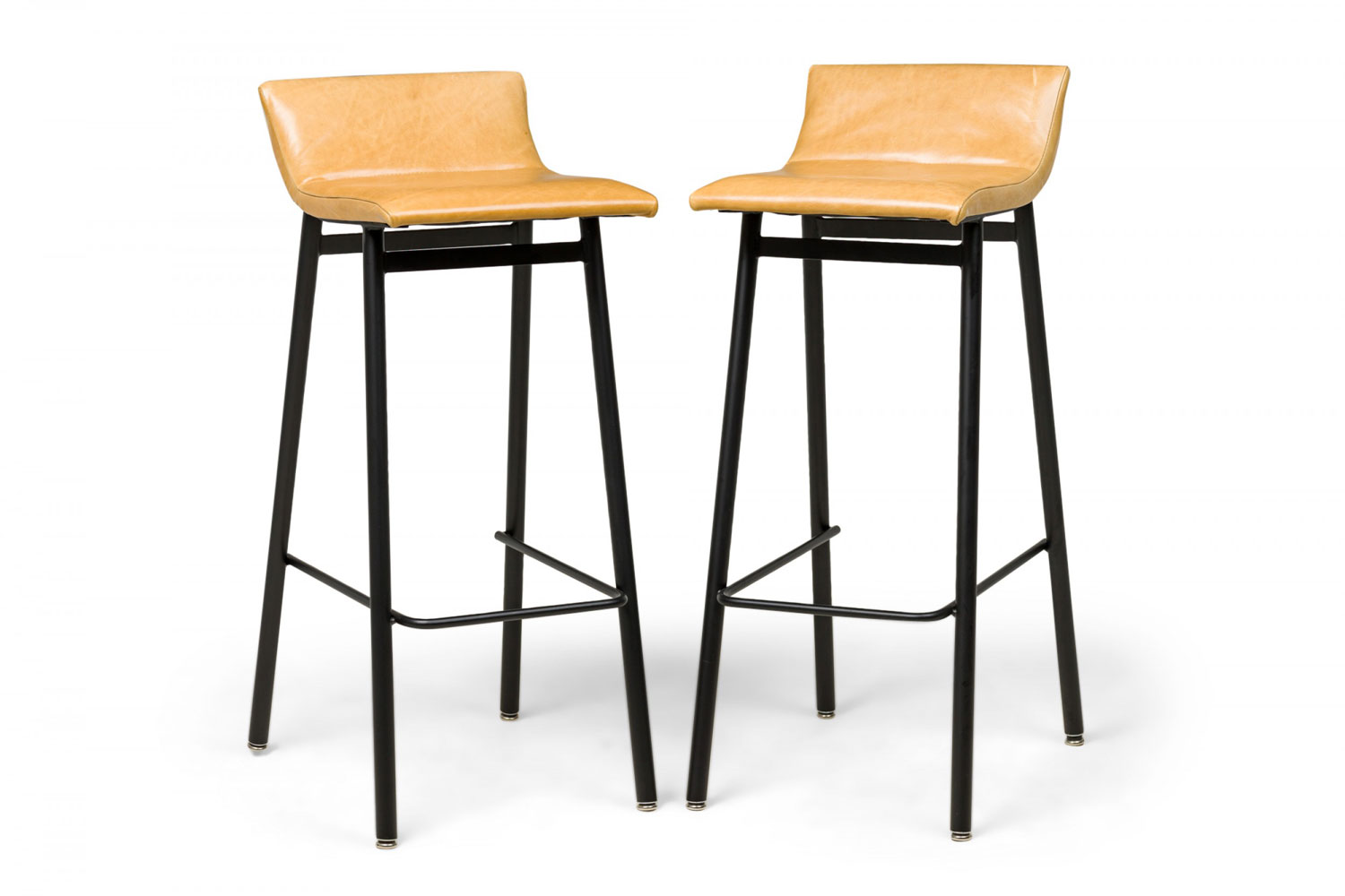 Set of 4 vista mid century american black enamel barstools with mustard upholstered scoop seats