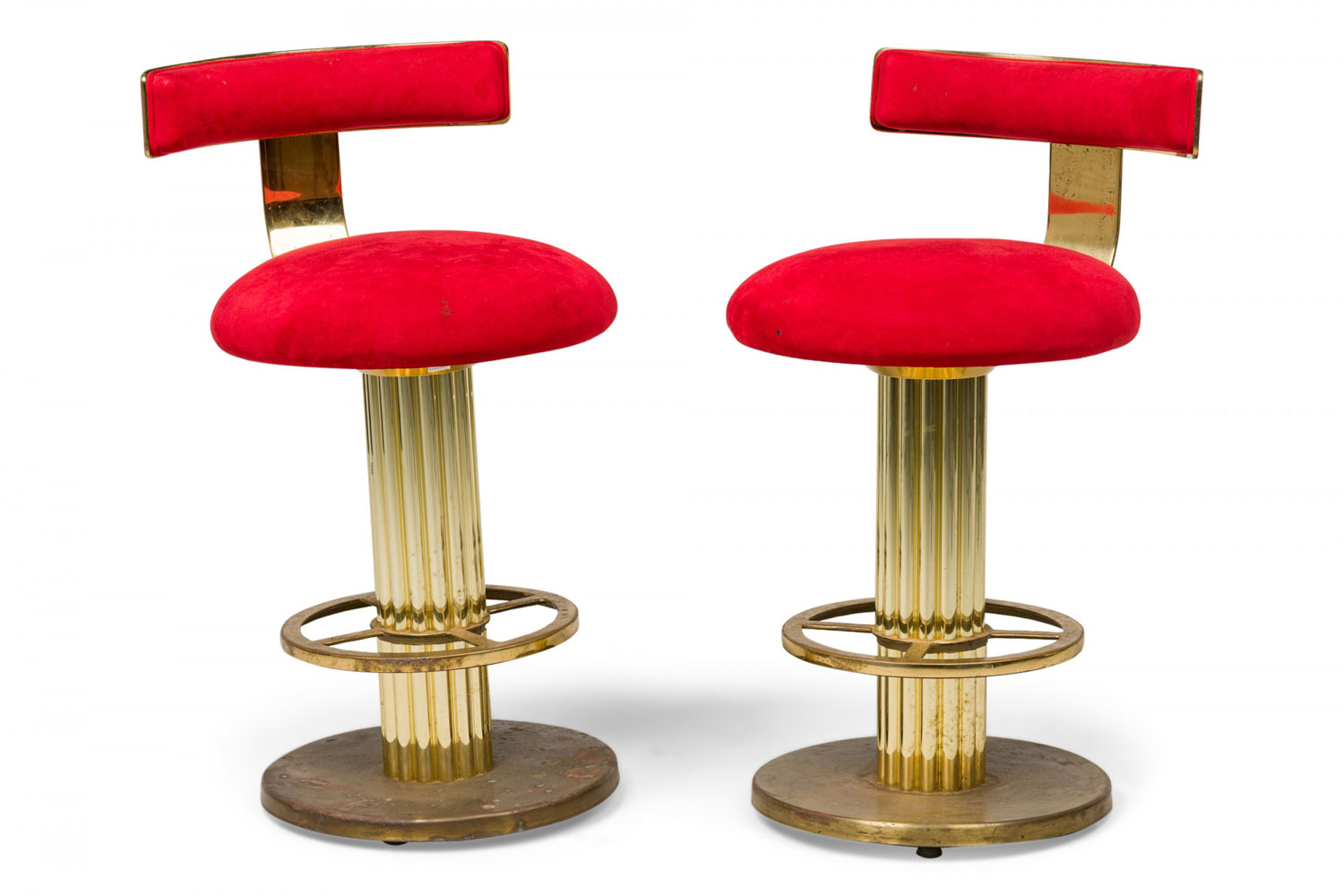 Pair of designs for leisure mid century american fluted column red upholstered swivel bar stools