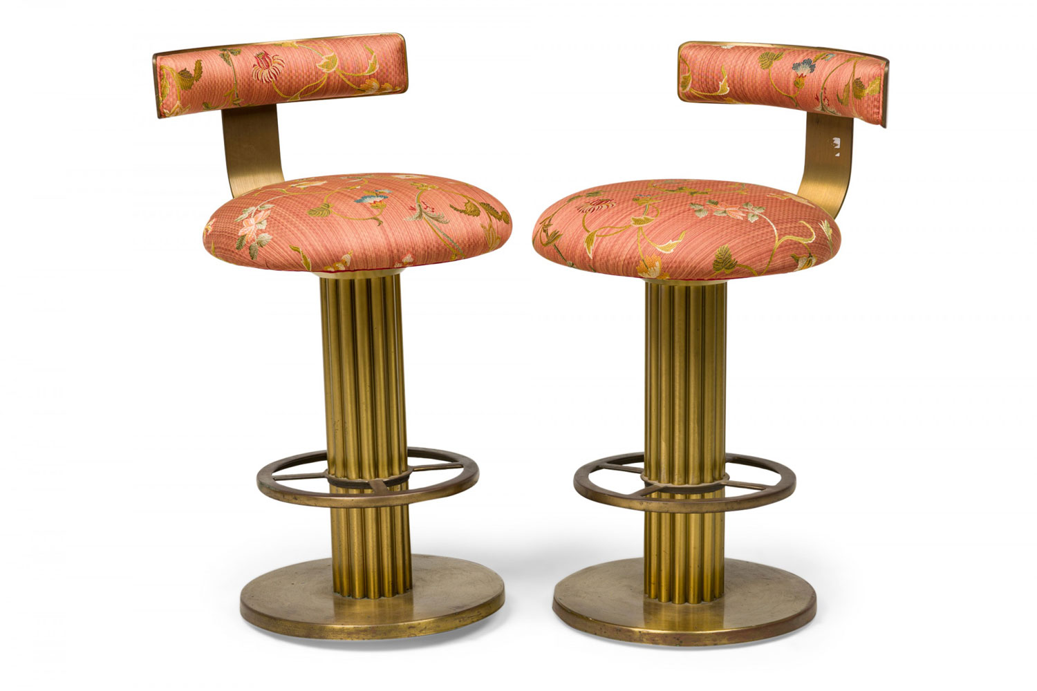 Pair of designs for leisure mid century american fluted column floral upholstered swivel bar stools