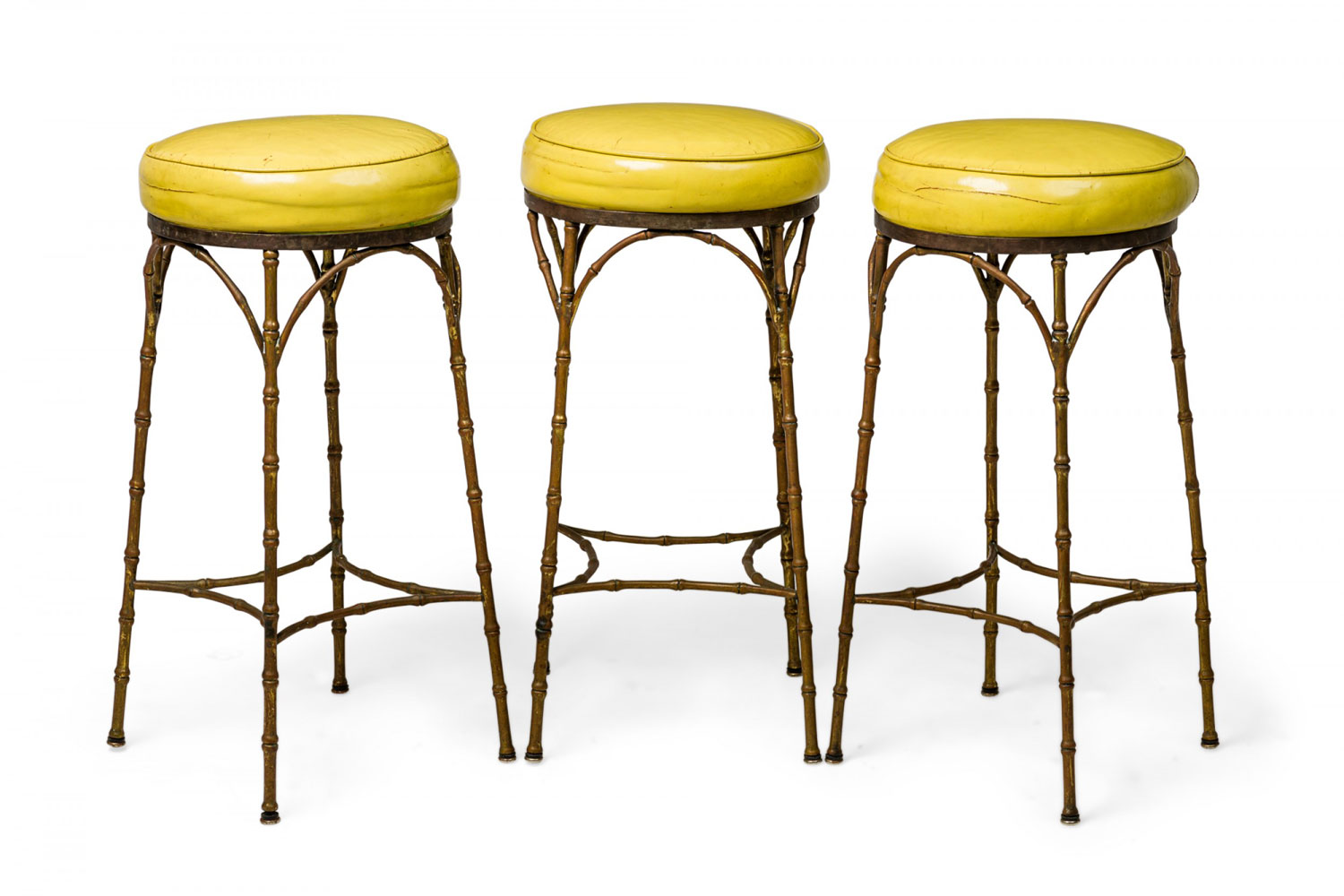 Set of 3 mid century american yellow leather and brass faux bamboo bar stools