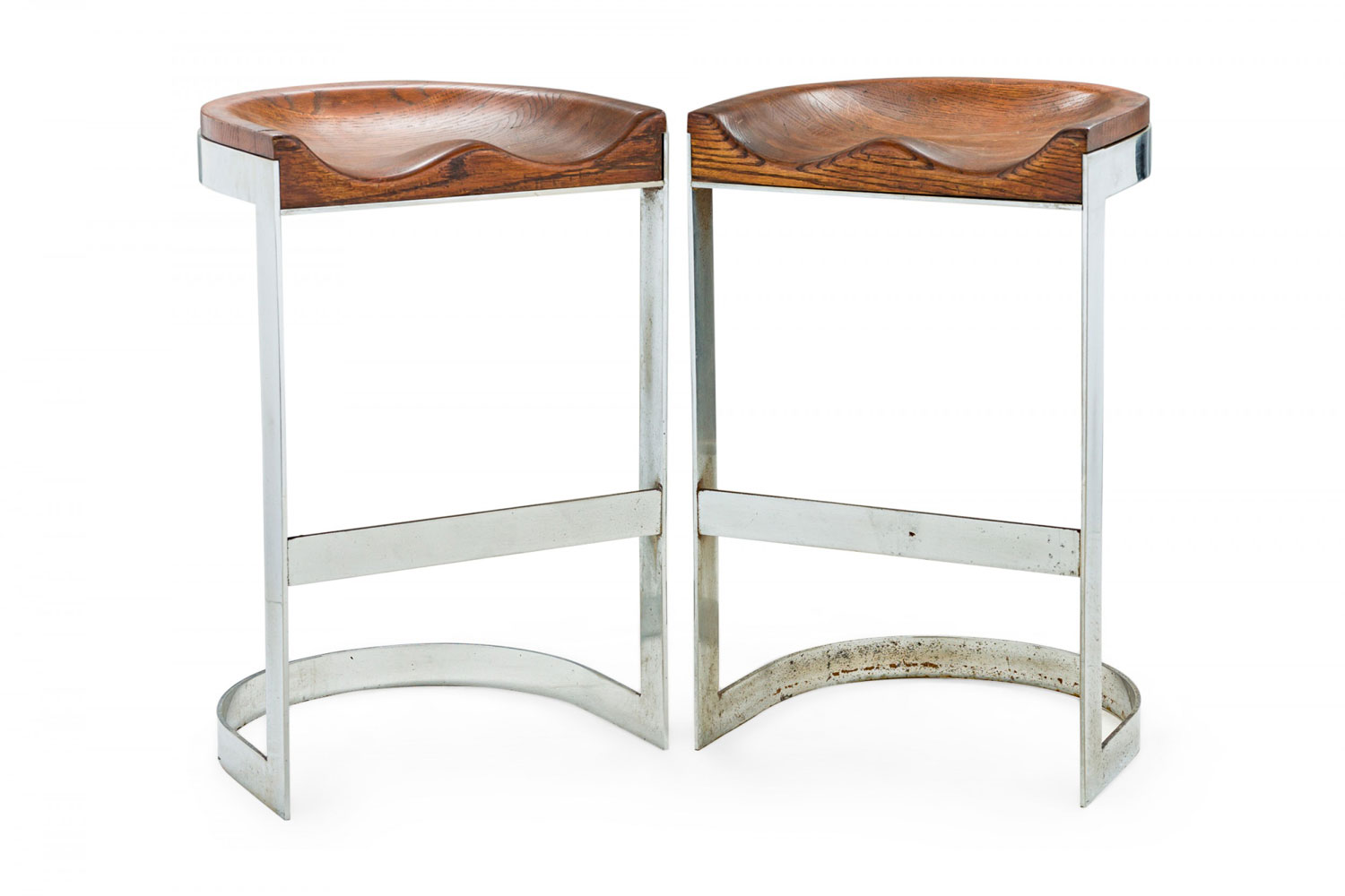 Pair of warren bacon mid century american chrome and wood cantilever bar stools