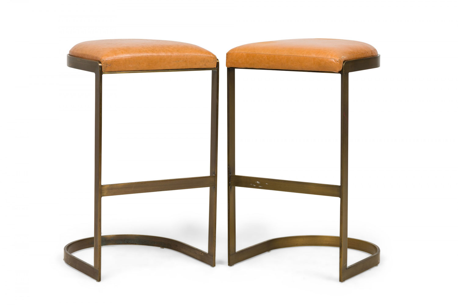 Set of 4 brenton mid century american brass and wood tan upholstered horseshoe cantilever bar stools
