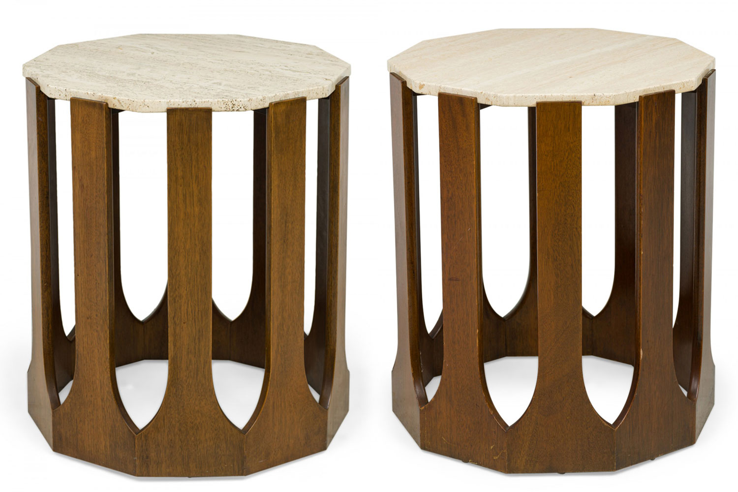 Pair of harvey probber mid century american travertine topped wood decagon end side tables