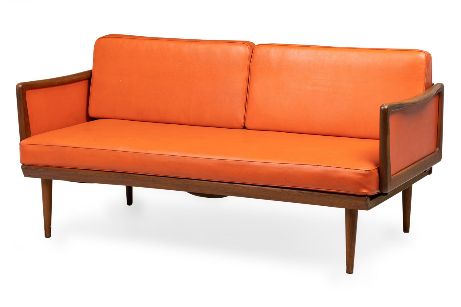 Peter hvidt mid century continental expandable wood frame orange vinyl upholstered sleeper settee