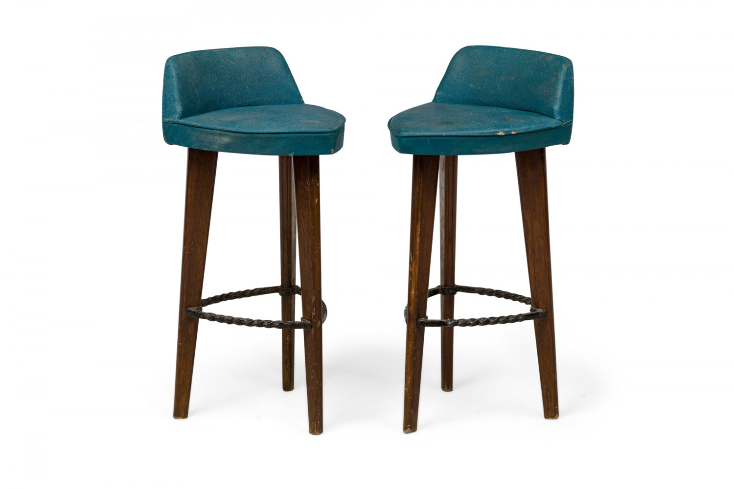 Pair of mid century american triangular blue vinyl upholstered wood bar stools