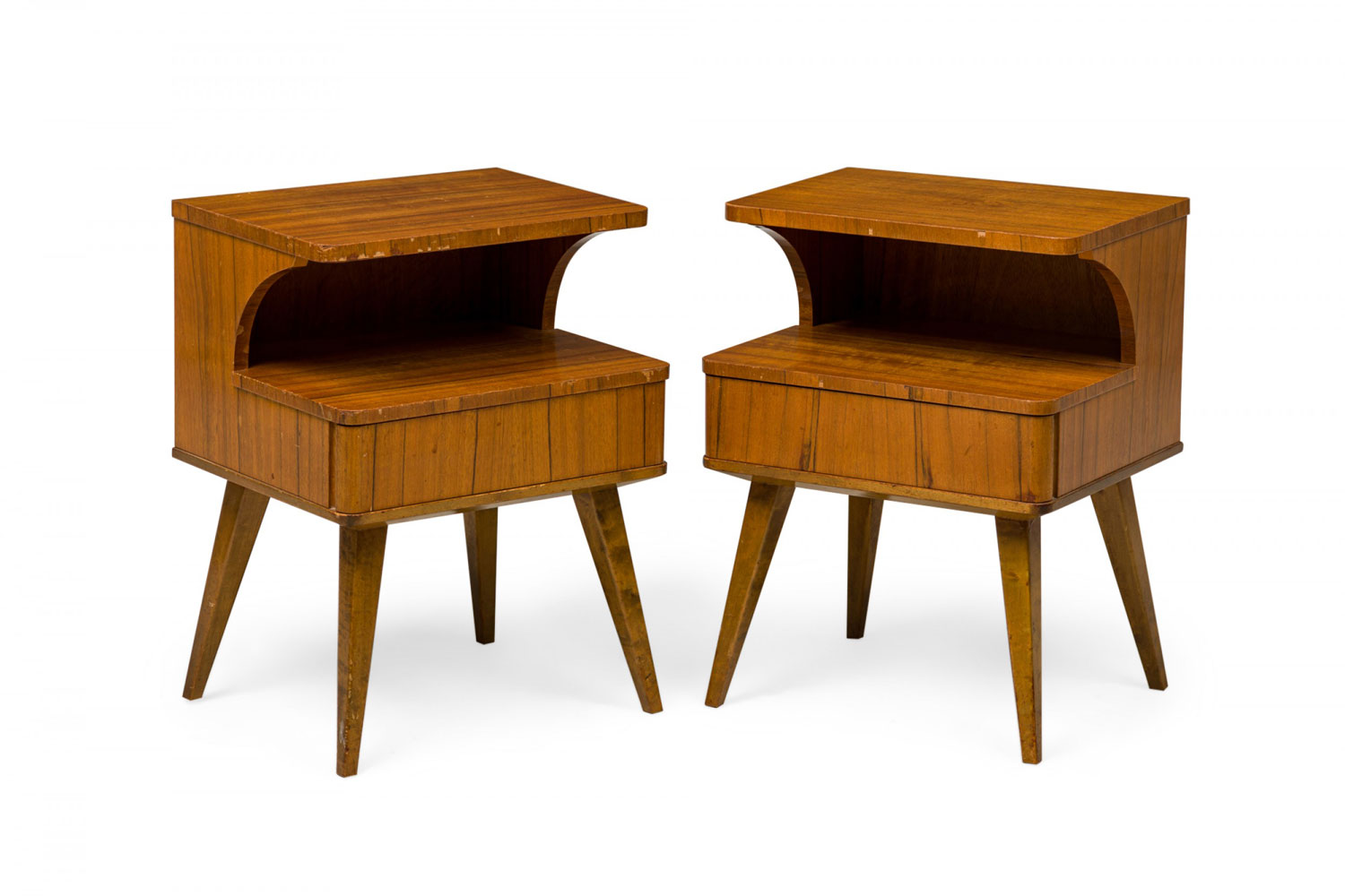 Pair of mid century american 2 tiered walnut nightstands with pullout drawers