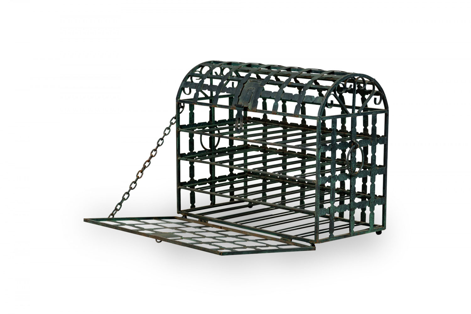 Mid century american treasure chest iron wine rack with latched draw door