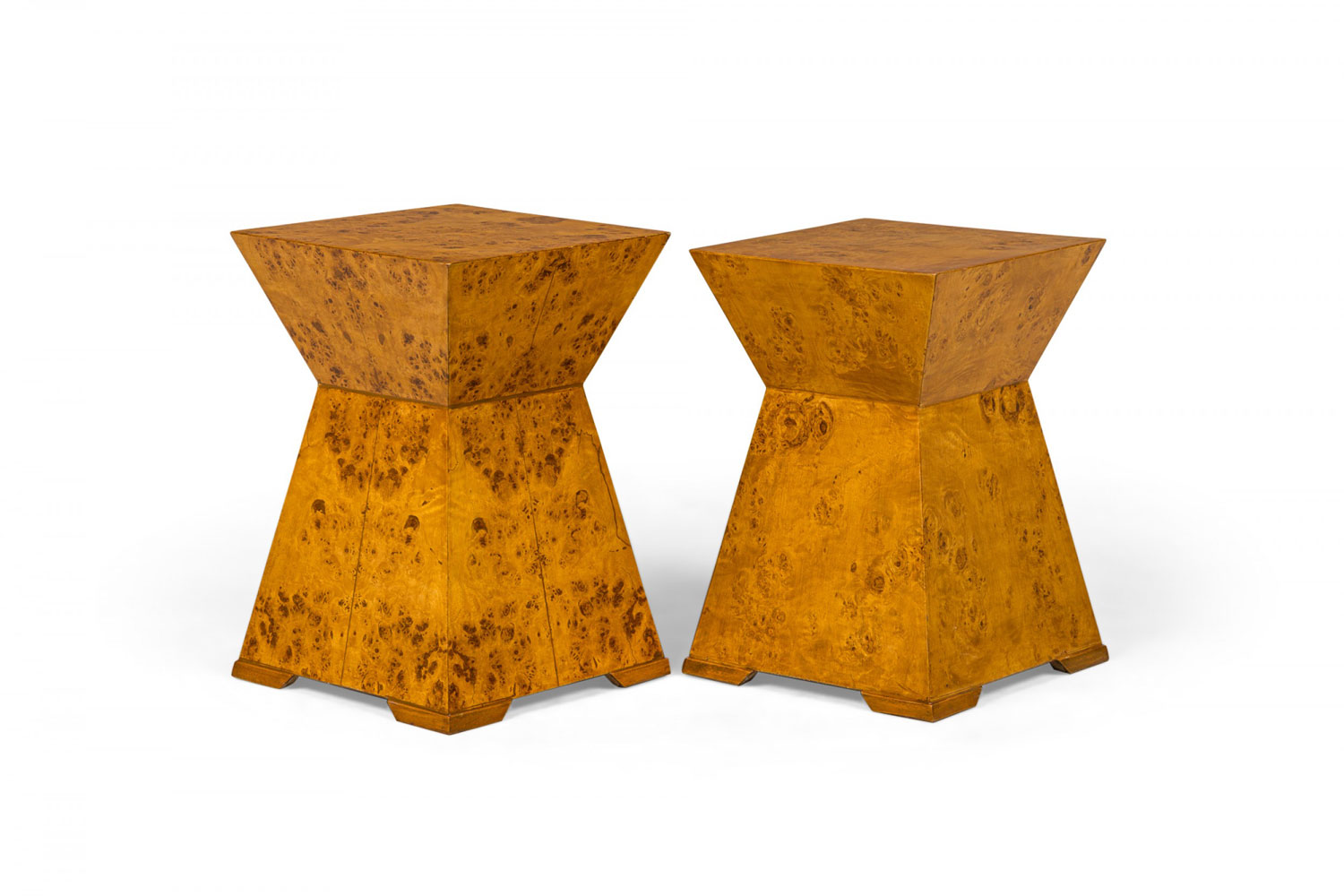 Pair of contemporary american olive ash burl pyramidal occasional tables