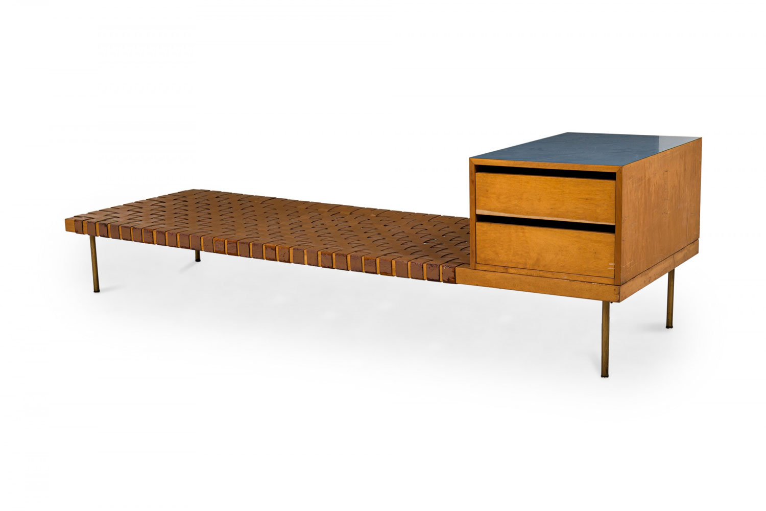 Knoll mid century american associated leather strap wooden bench with two drawer cabinet