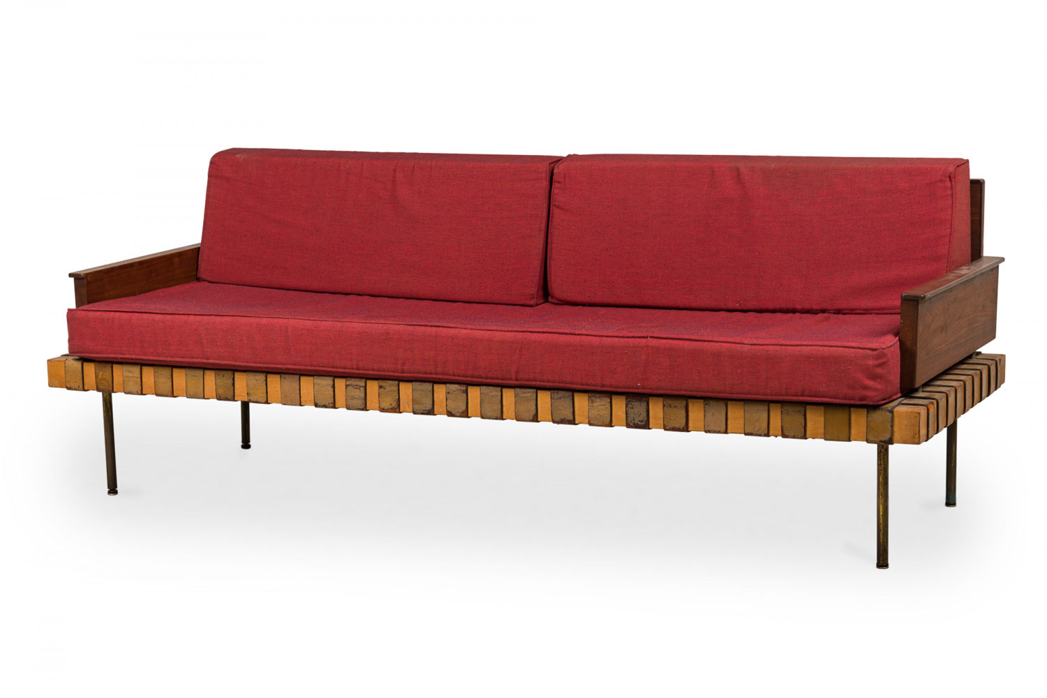Knoll associates mid century american leather strap day bed with red upholstered cushions