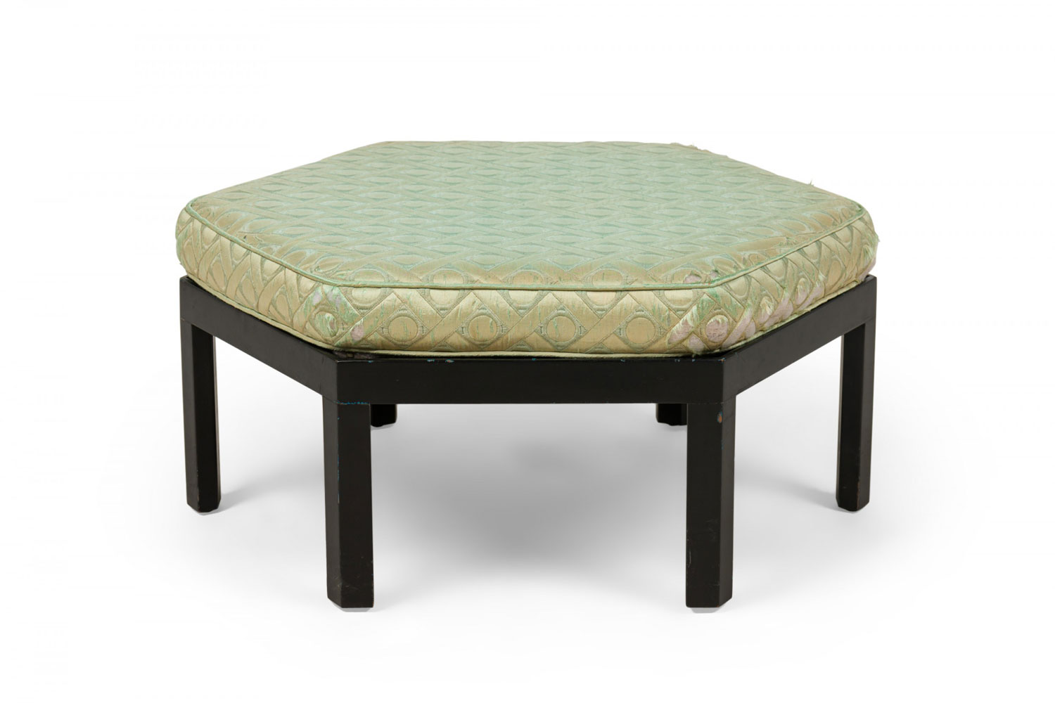 Mid century american hexagonal park wood ottoman with mint green upholstered cushion