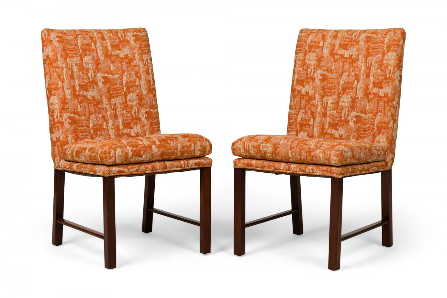 Set of 6 mid century american wooden dining chairs with abstract beige orange upholstery 