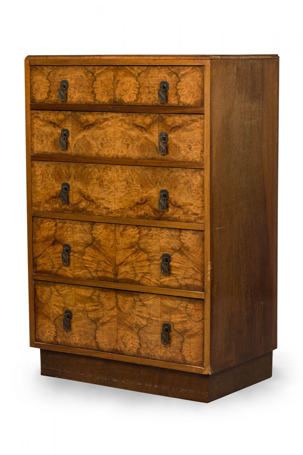 Art deco burl veneer 5 drawer tall chest