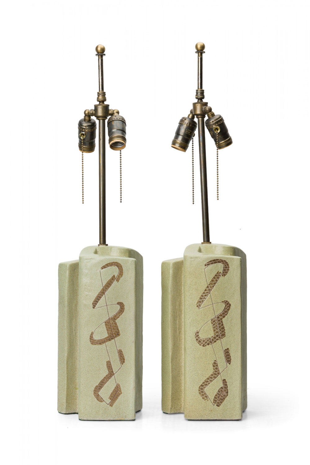 Pair of Marianna von Allesch American Mid Century Beige Hand Painted Abstract Form Ceramic Table Lamps