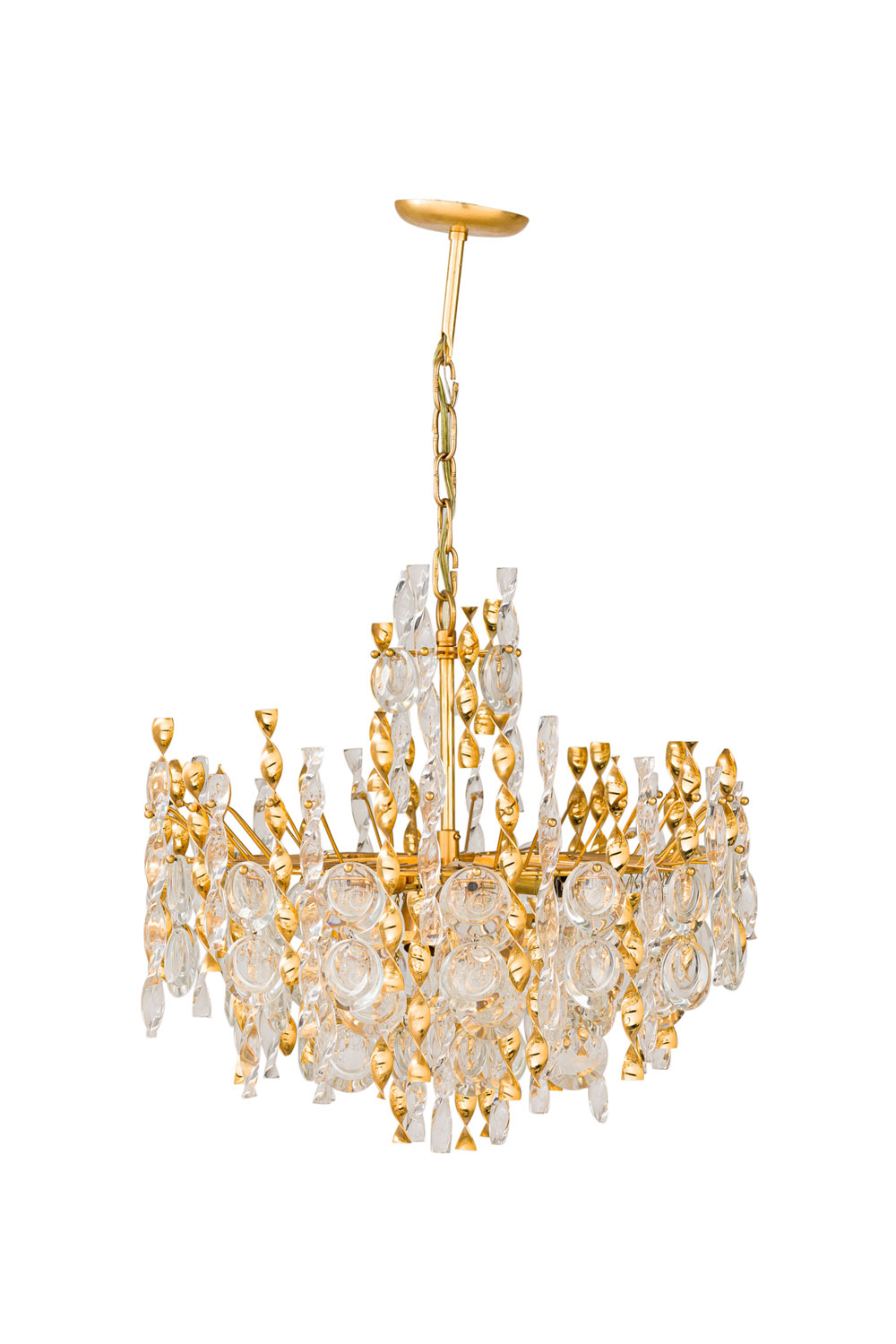 Palwa mid century continental brass and clear crystal tendril chandelier