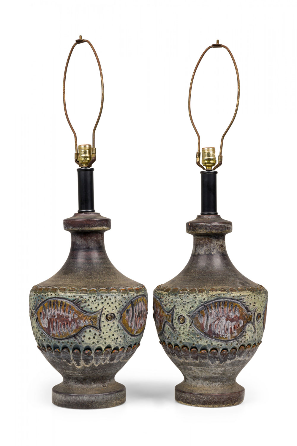 Pair of alvino bagni for bitossi mid century italian ceramic fish striped table lamps